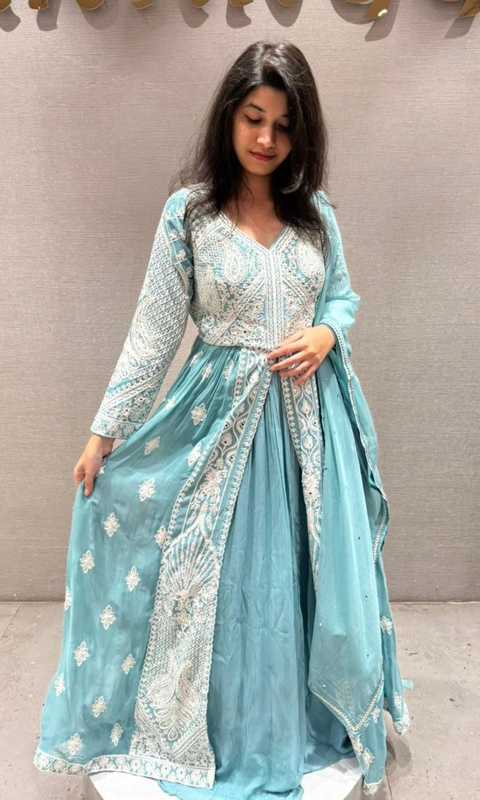 Azure Mist Chikankari Anarkali kurta Set