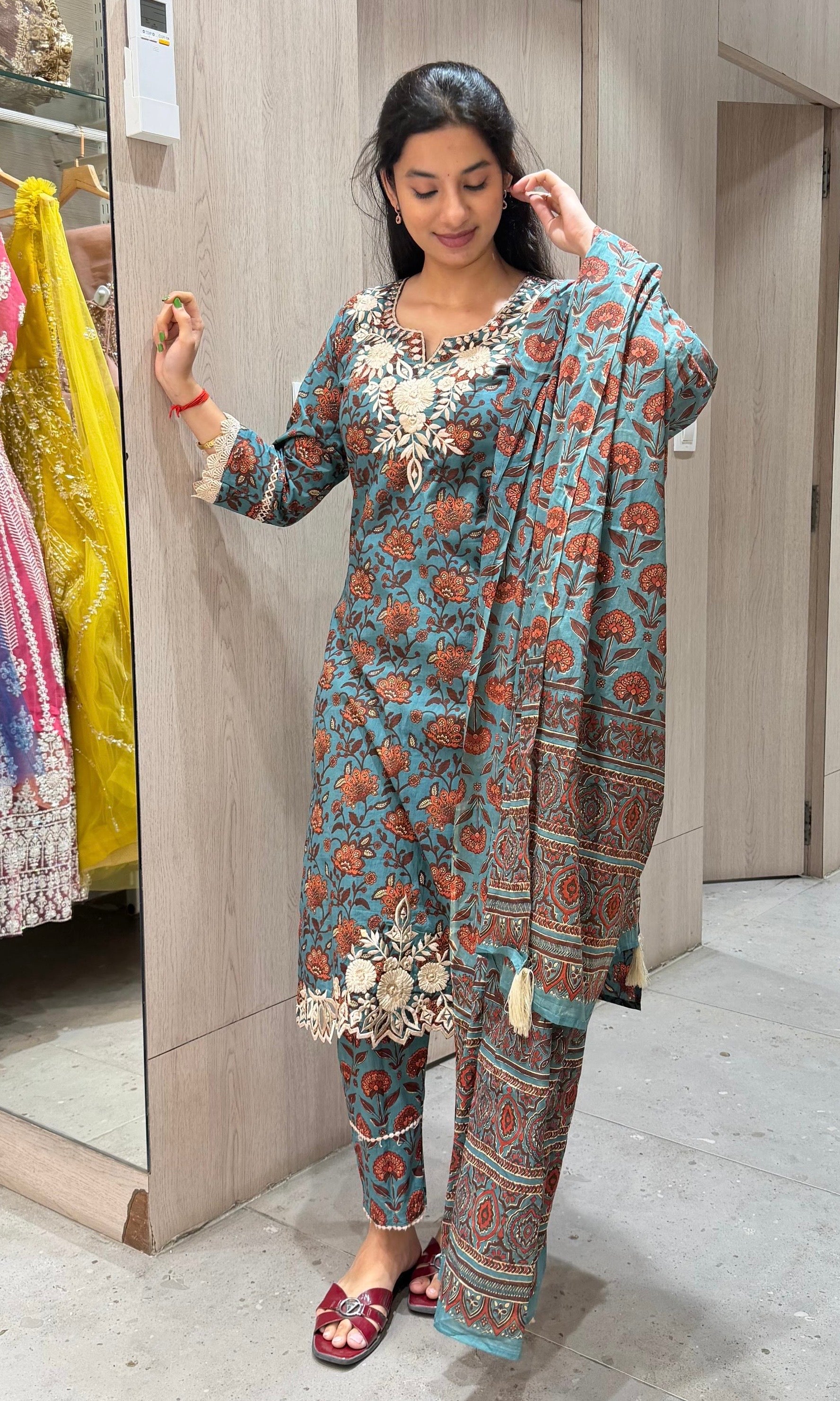 BLUE printed EMBROIDERED KURTA SET