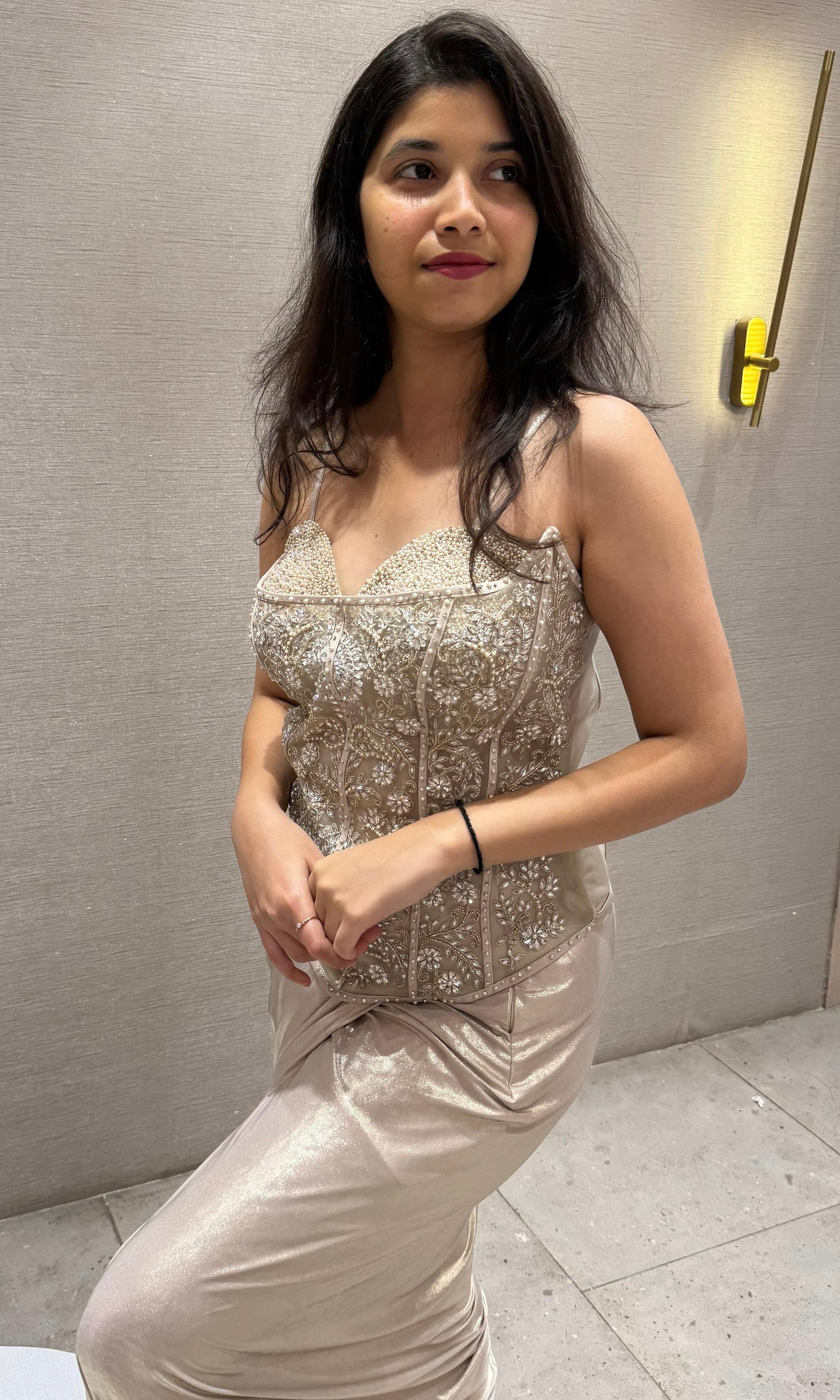 Cream gold corset blouse with drape skirt Indo western dress