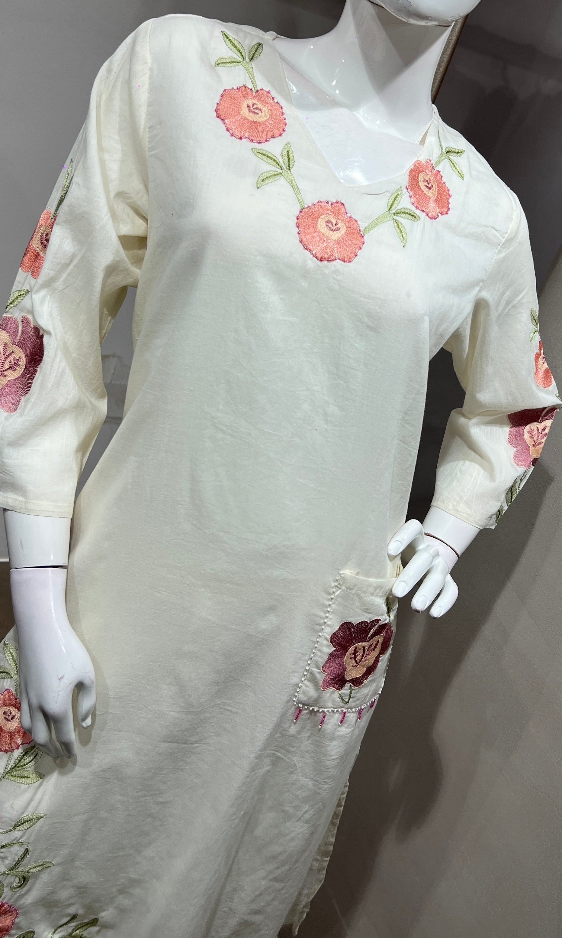 White Silk Kurta set with Rose Embroidery