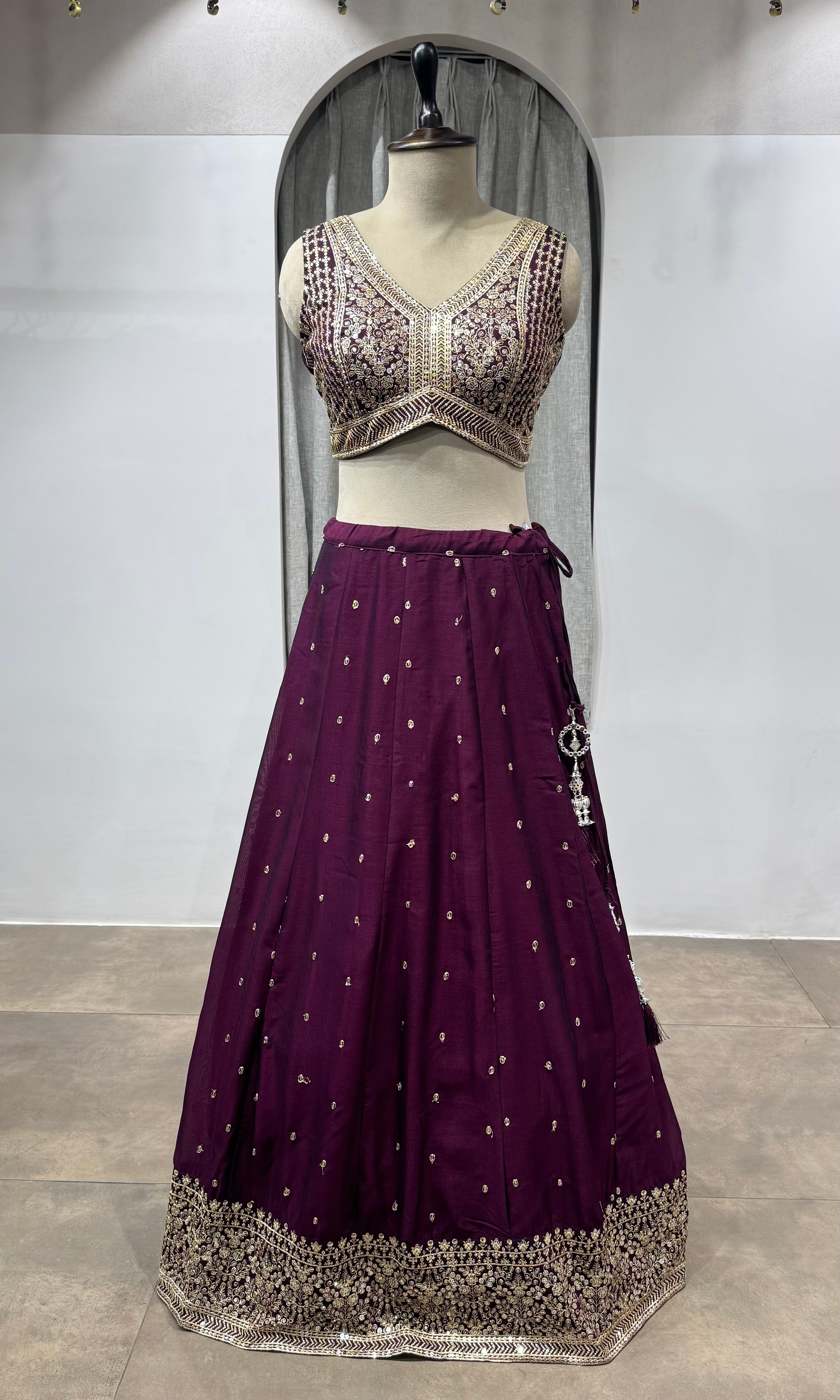 Wine Embroidered Lehenga with Dupatta