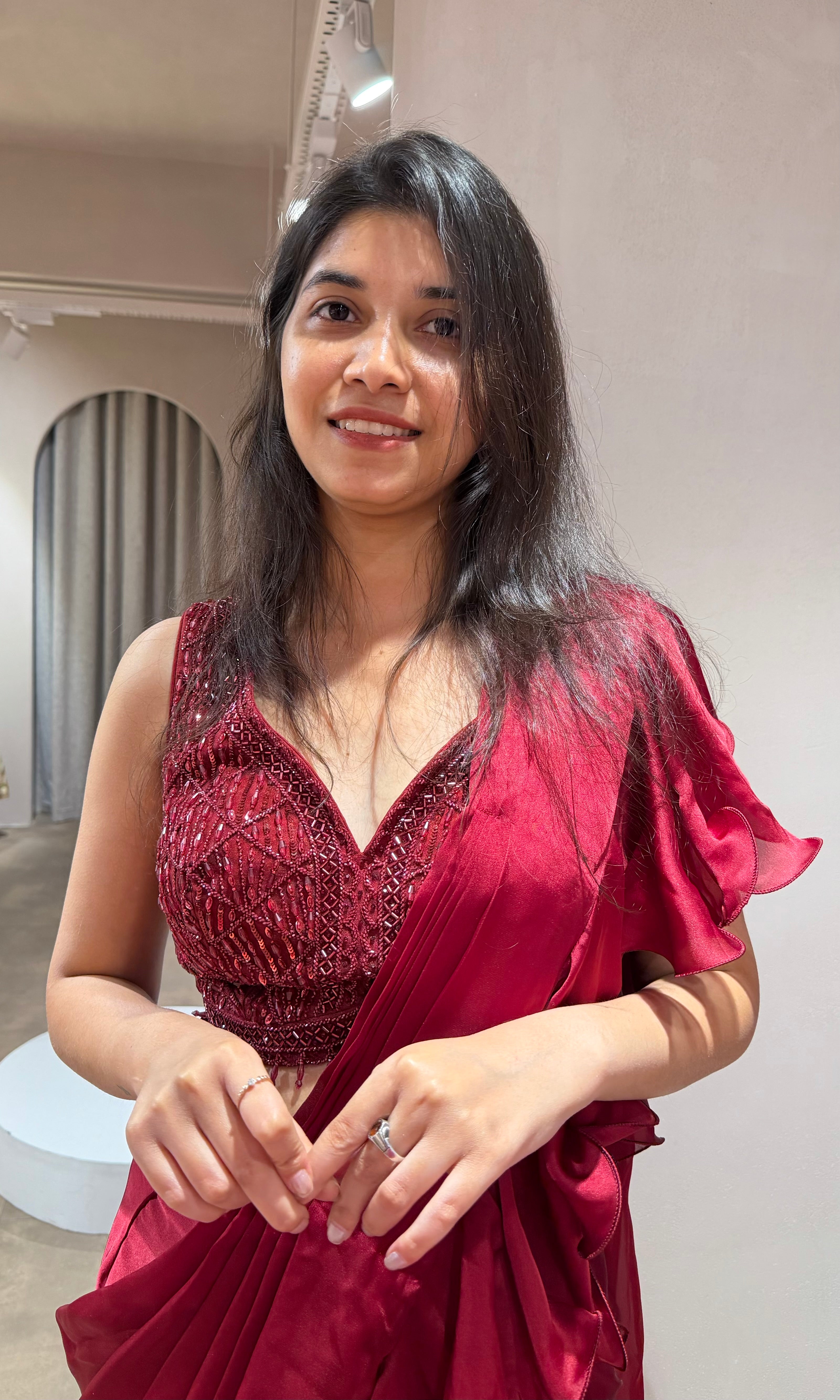 Maroon EMBELLISHED RUFFLE drape saree