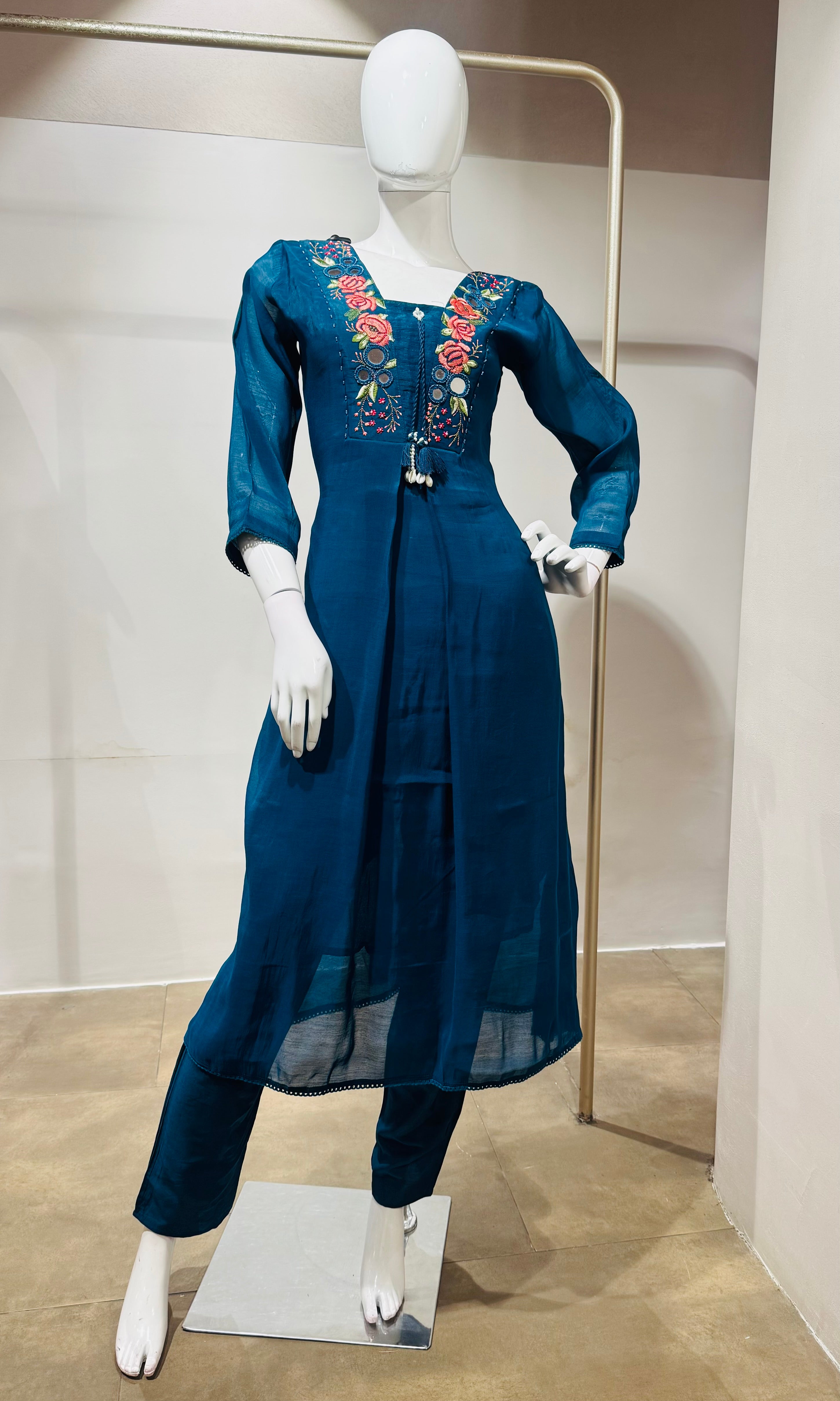 Peacock Blue Ethnic Kurta Set with Multicolored Neckline