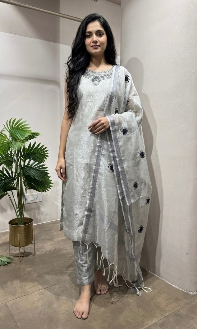 Grey Embroidered Chanderi Salwar KURTA Set