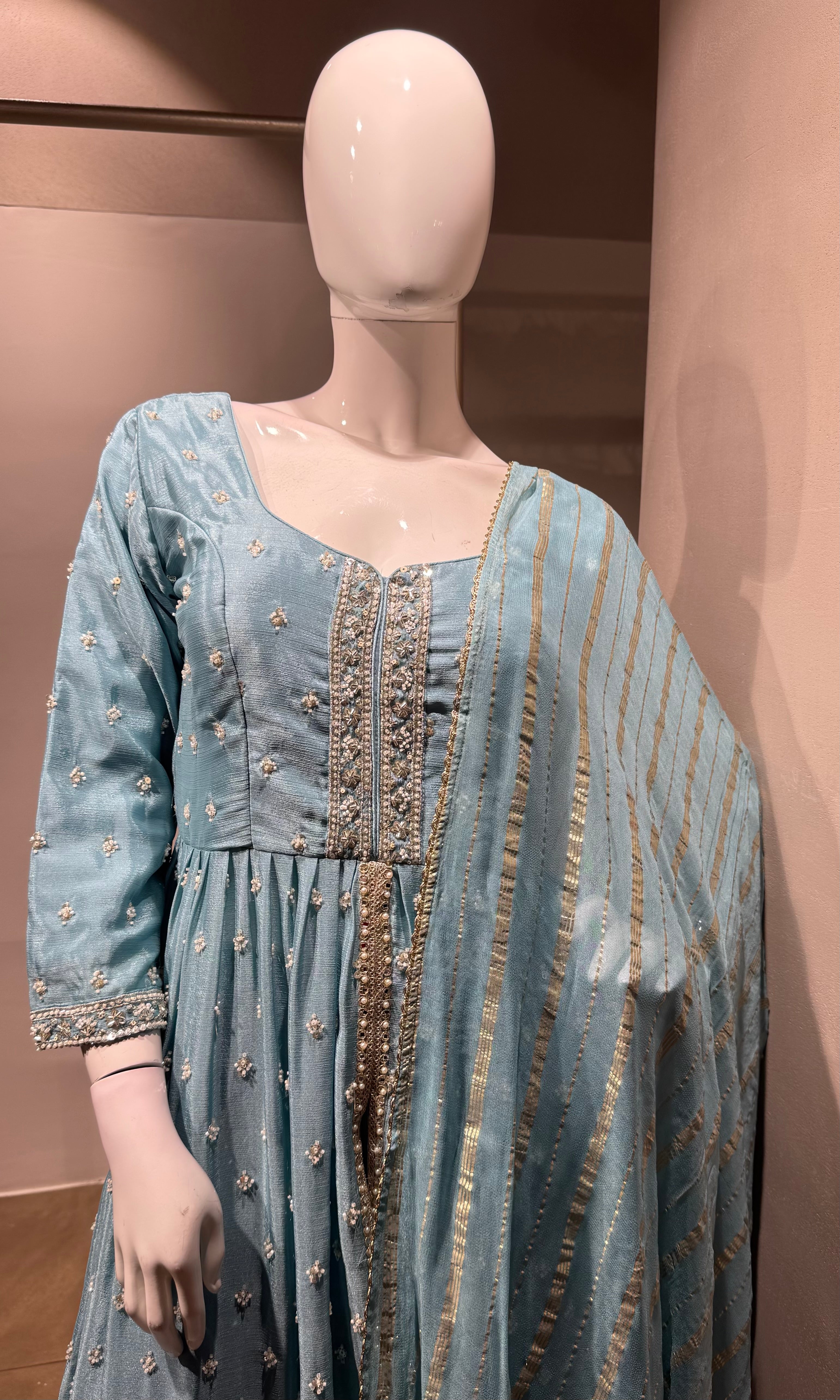 Light Blue Embroidered Anarkali Set