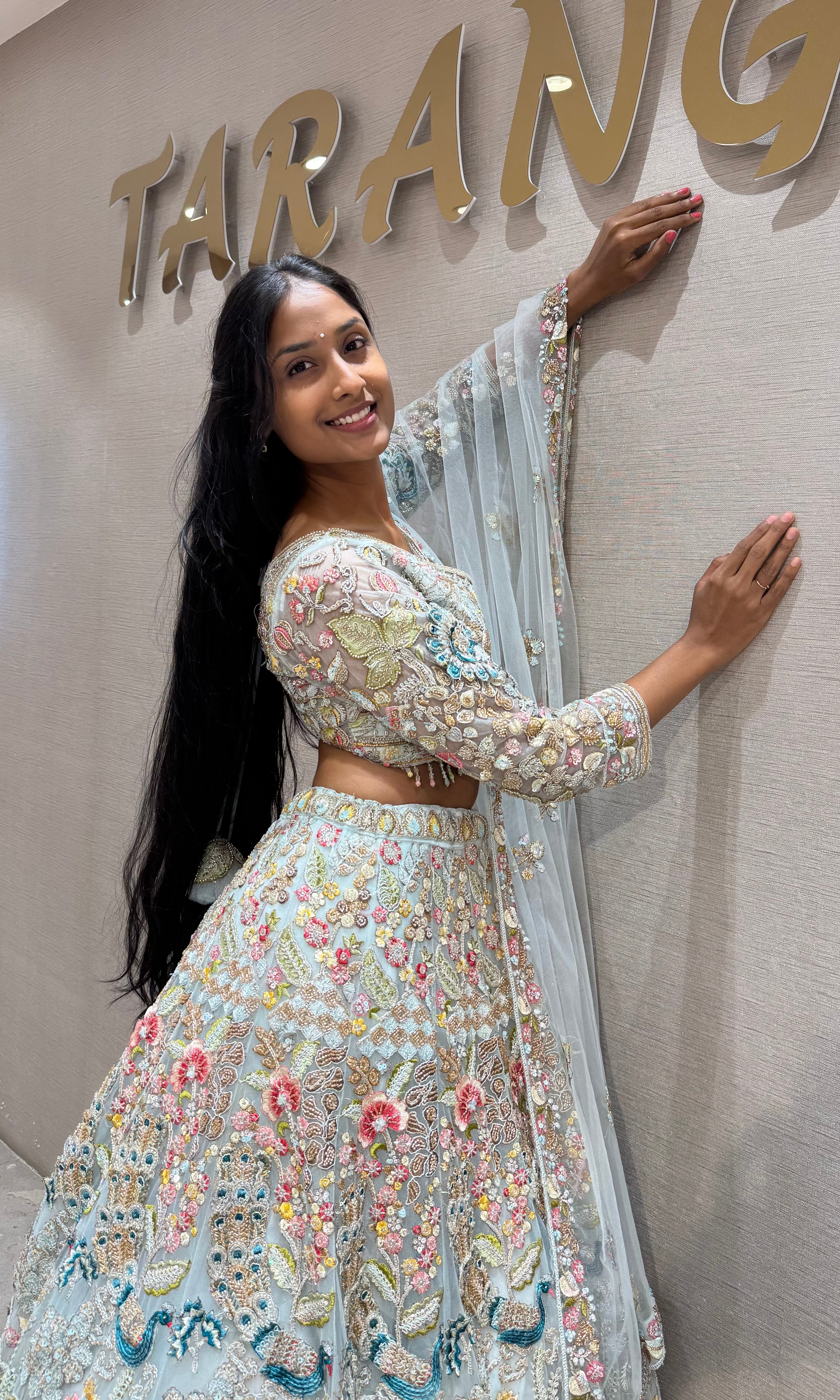 Mint Blue Multi-Color Floral Designer Bridal Lehenga