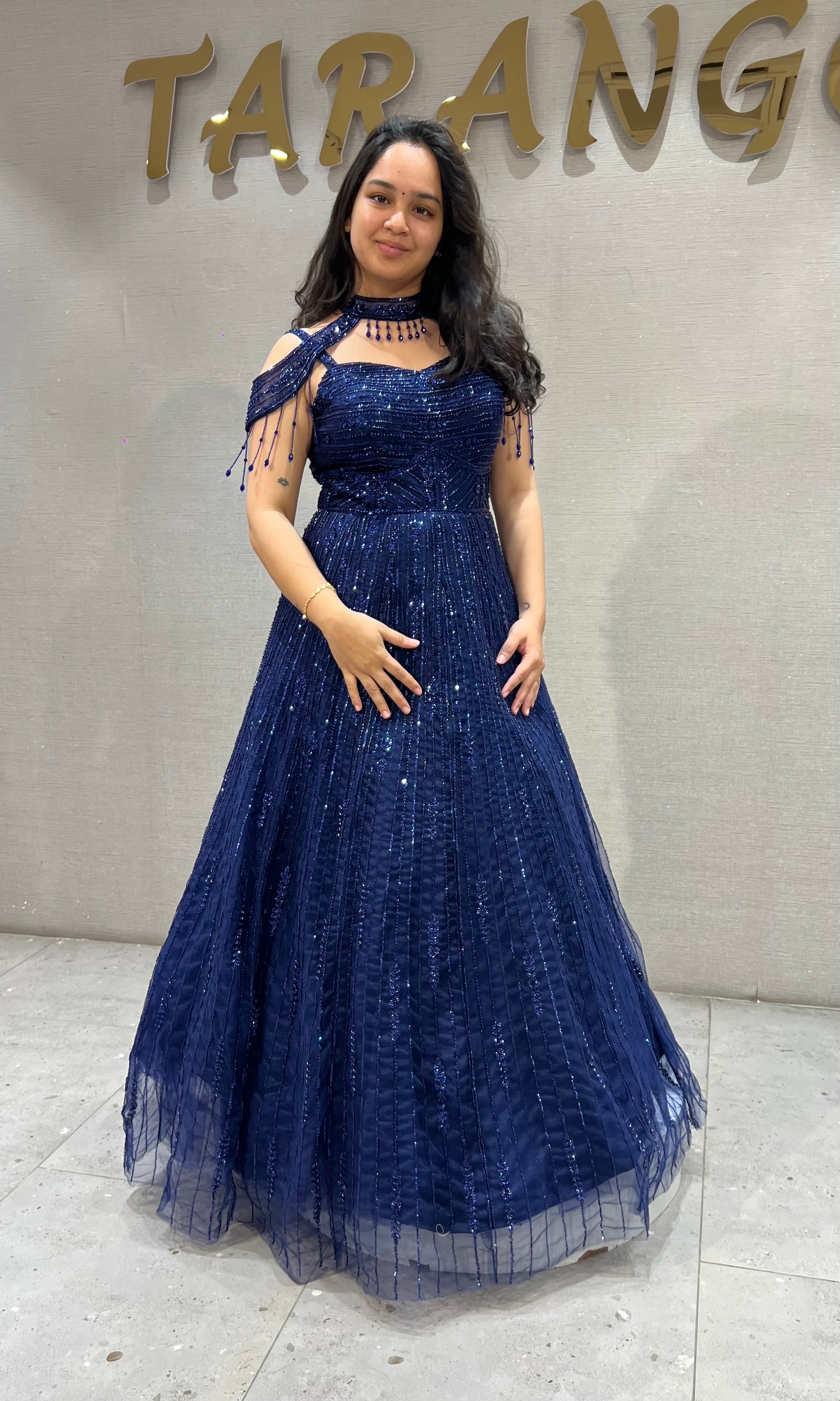 Royal Blue Halter Neck Ballgown with Sheer Cap Sleeves