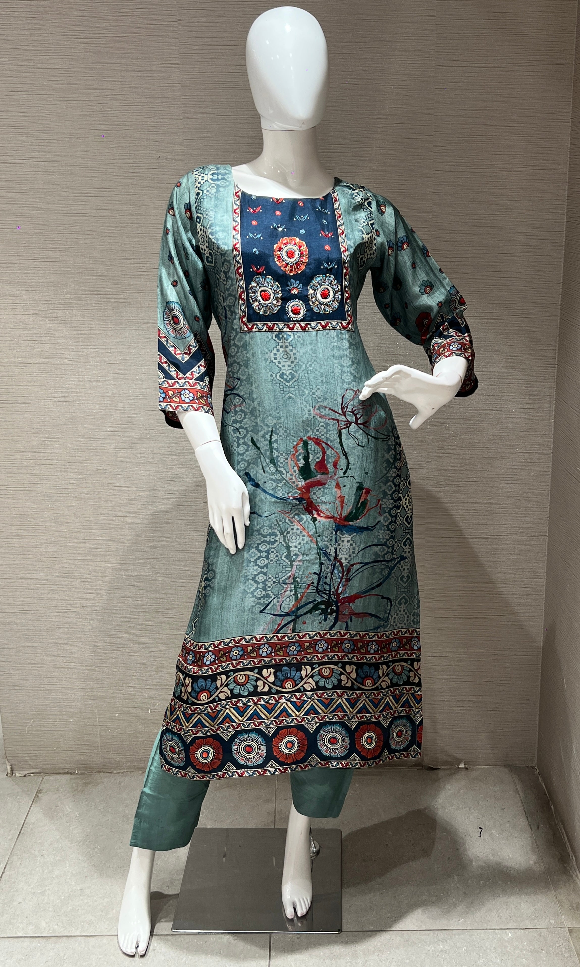 blue and sea green tussar silk kurta set