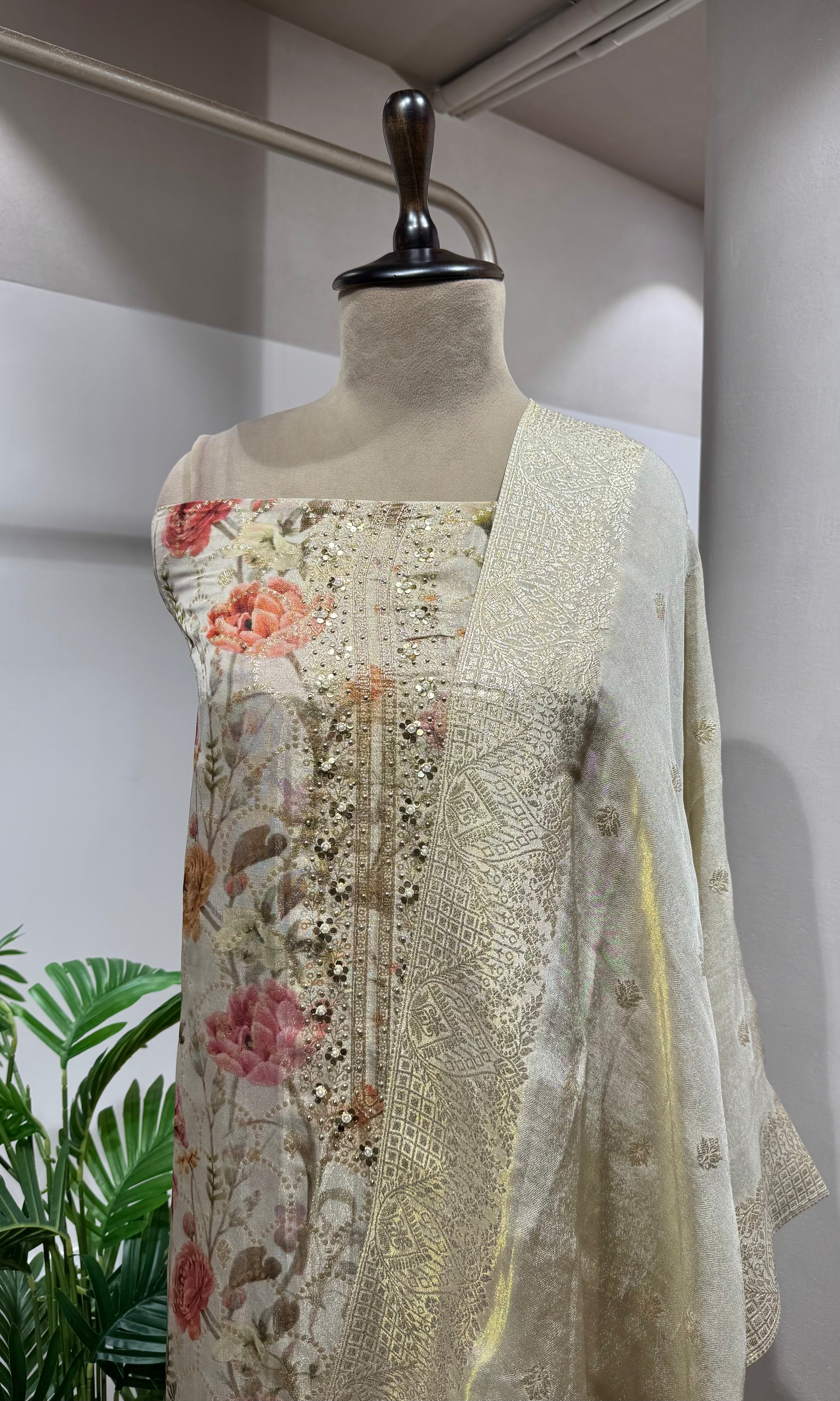 CREAM BANARASI SILK DRESS MATERIAL