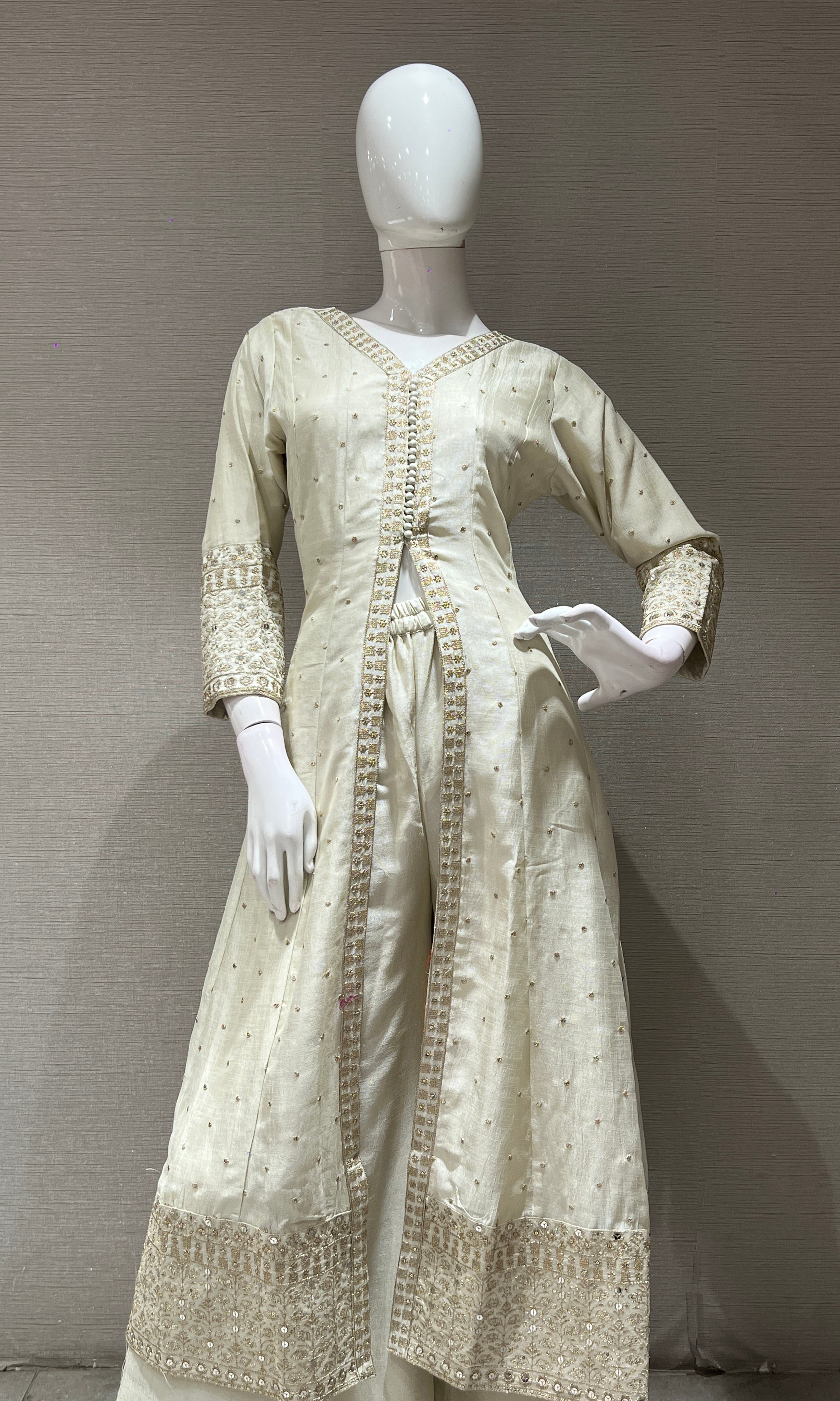 Cream embroidered front slit Anarkali