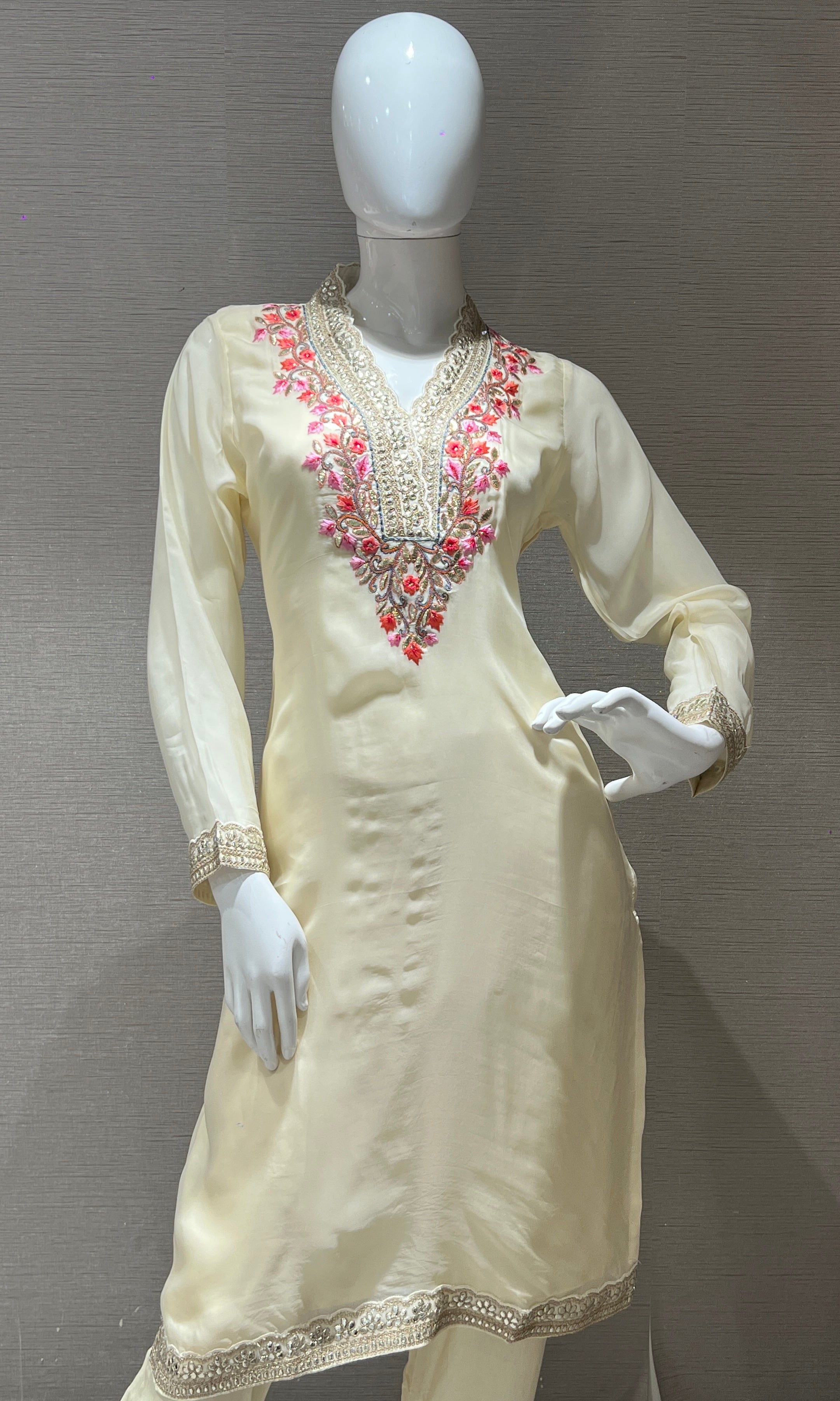 Cream embroidered kurta set with printed dupatta