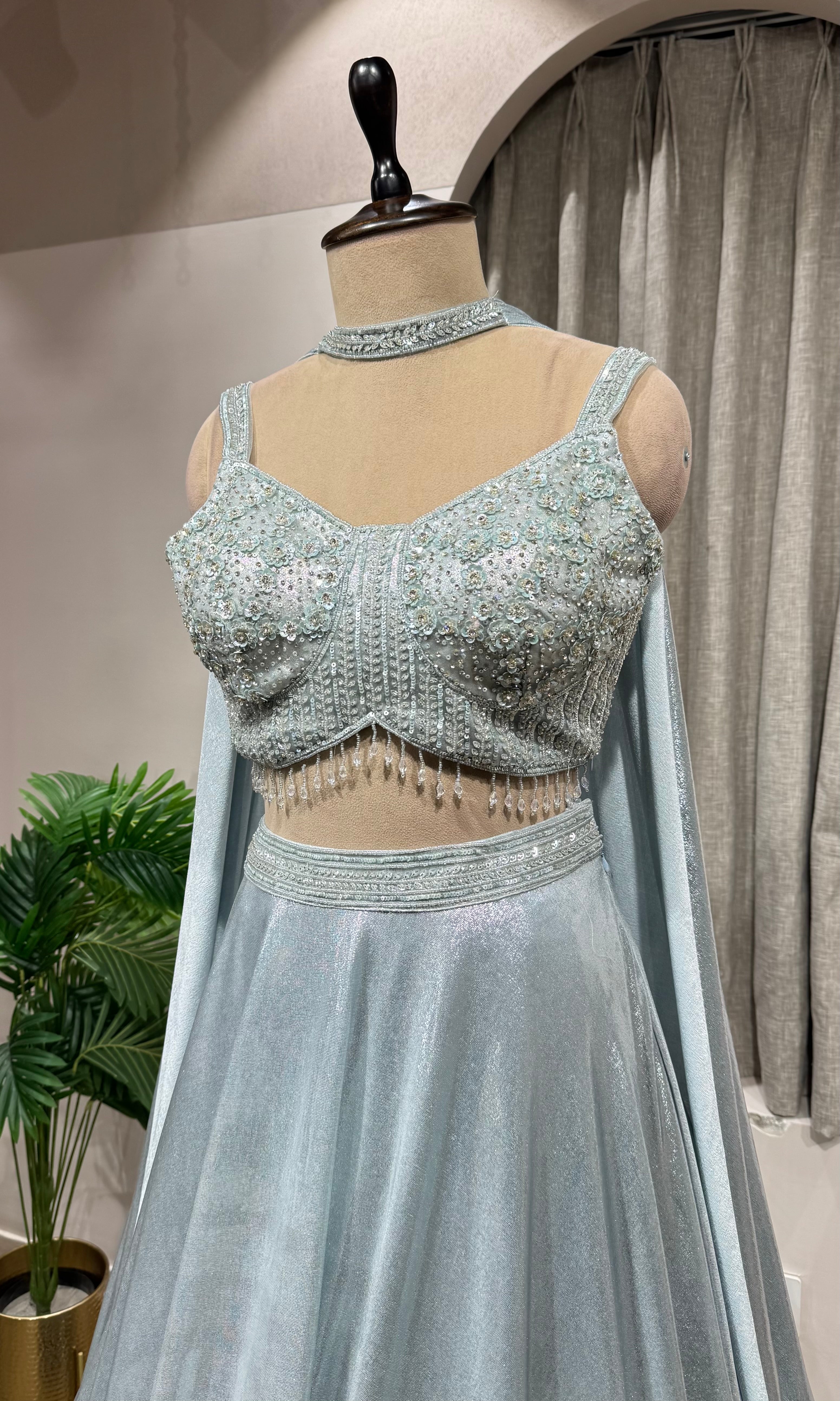 Sea Blue Shimmer Lehenga with Embroidered Blouse