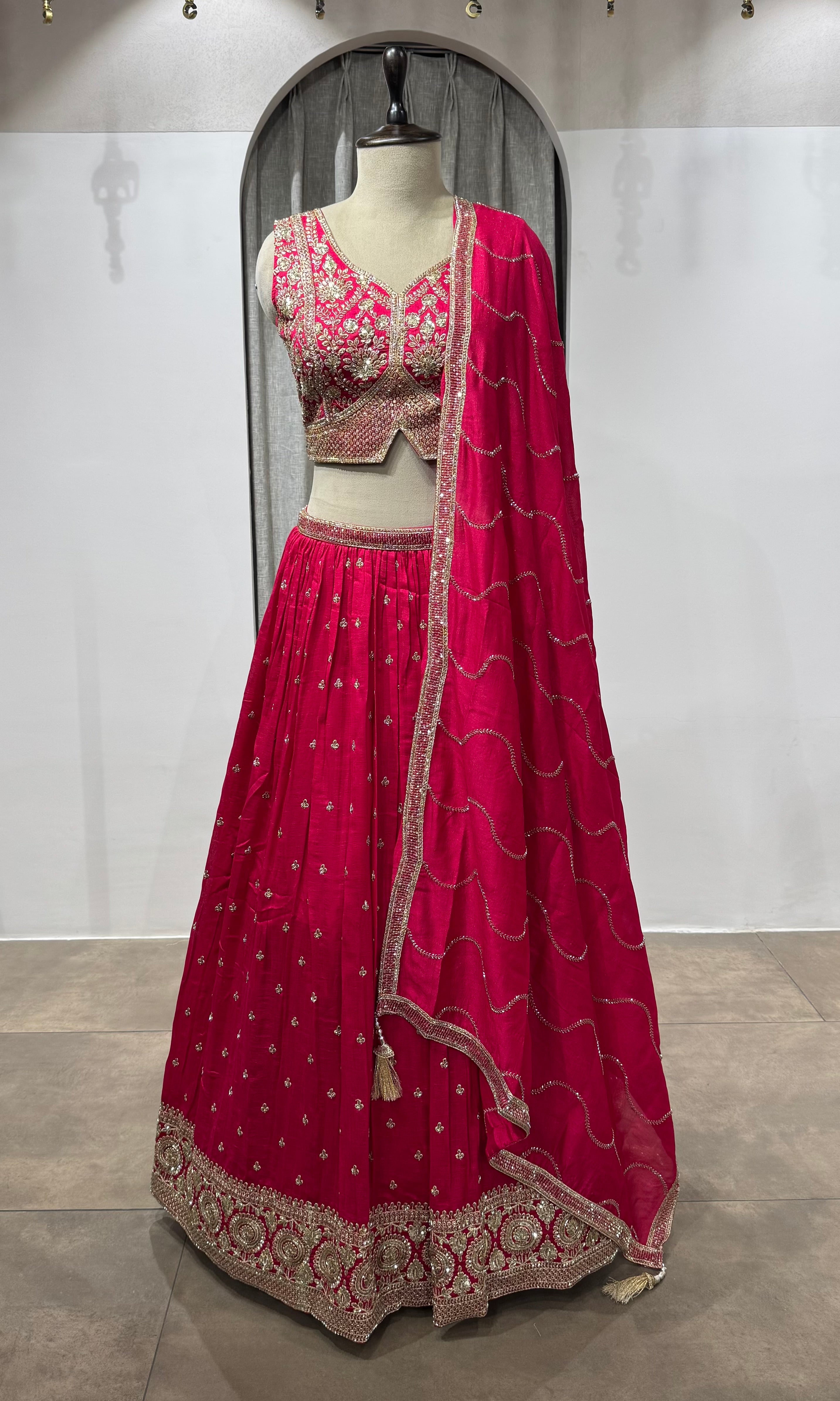 Rani pink Golden Ethnic Lehenga set