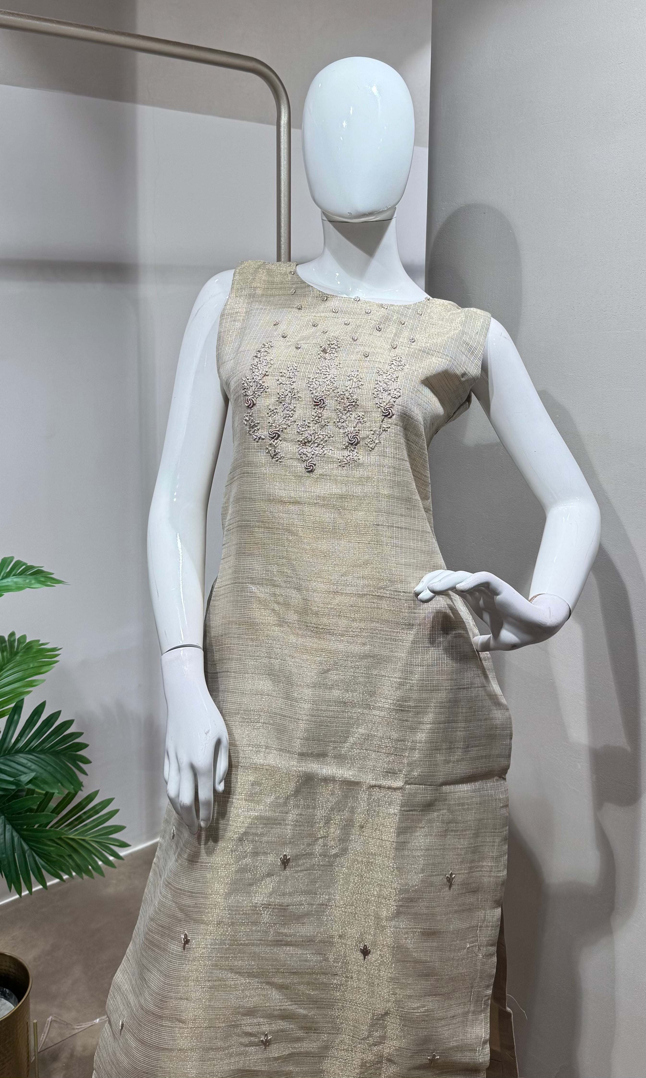 cream kurta set with floral printed dupatta