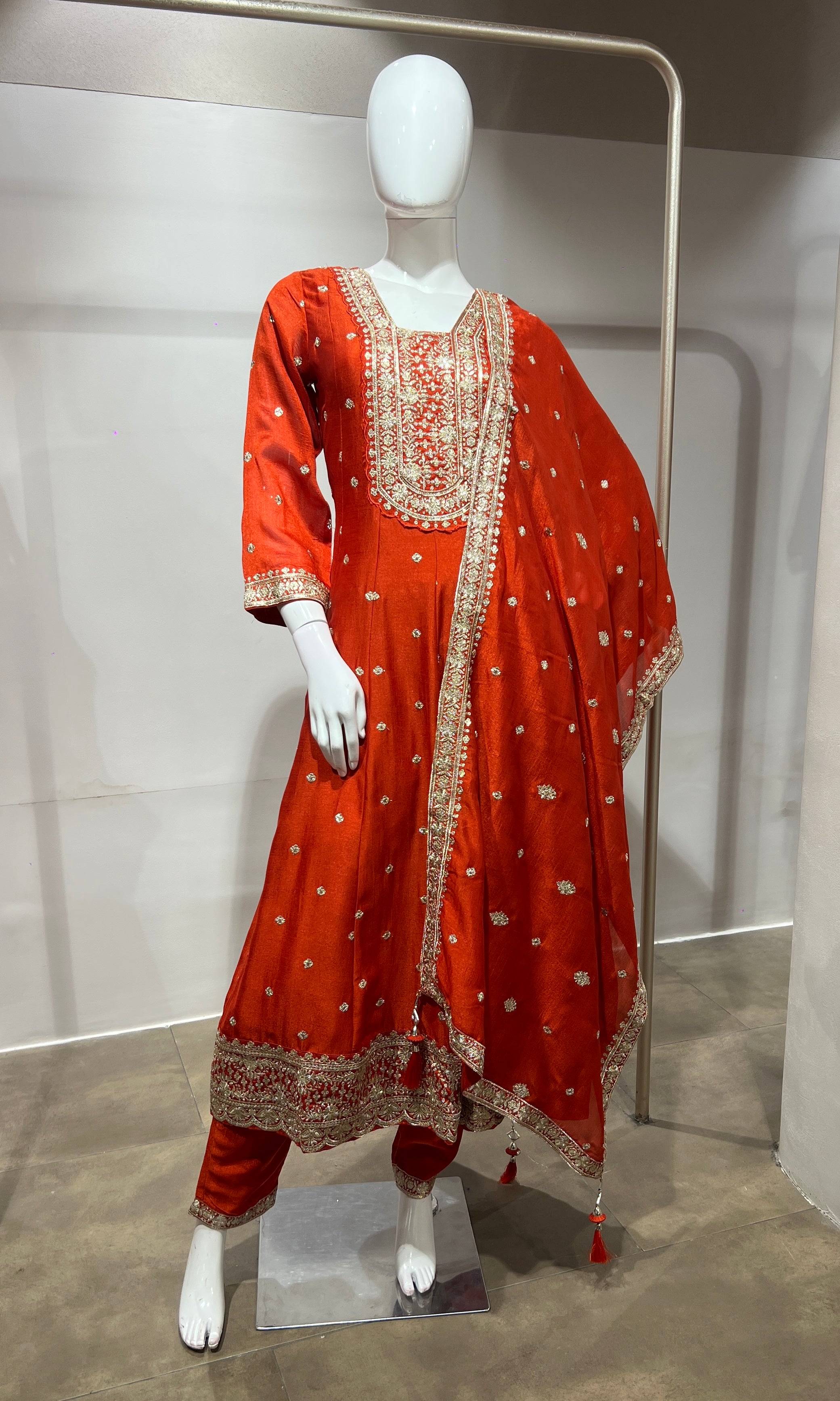 Rust gold embroidered Anarkali set