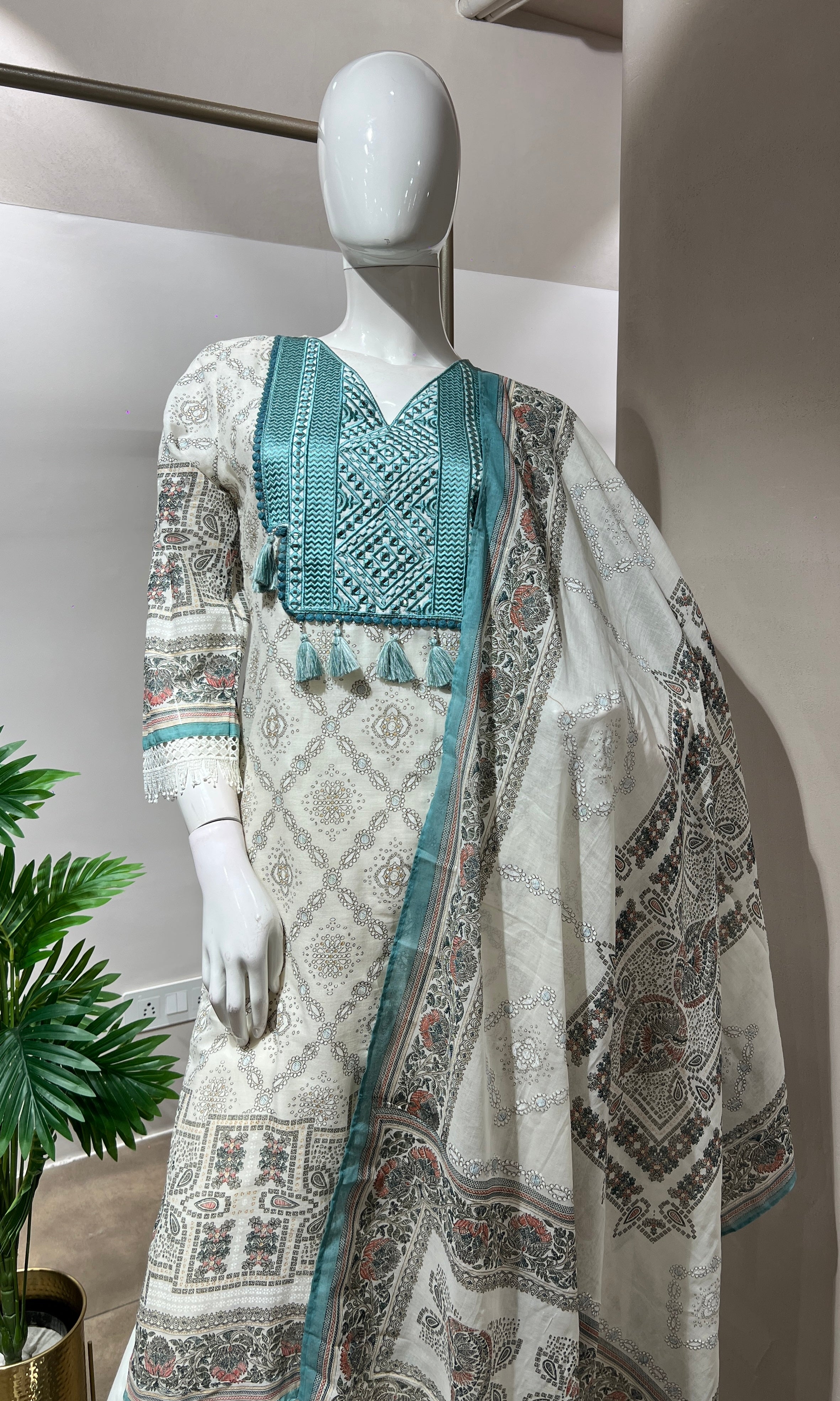 IVORY & BLUE COTTON KURTA SET