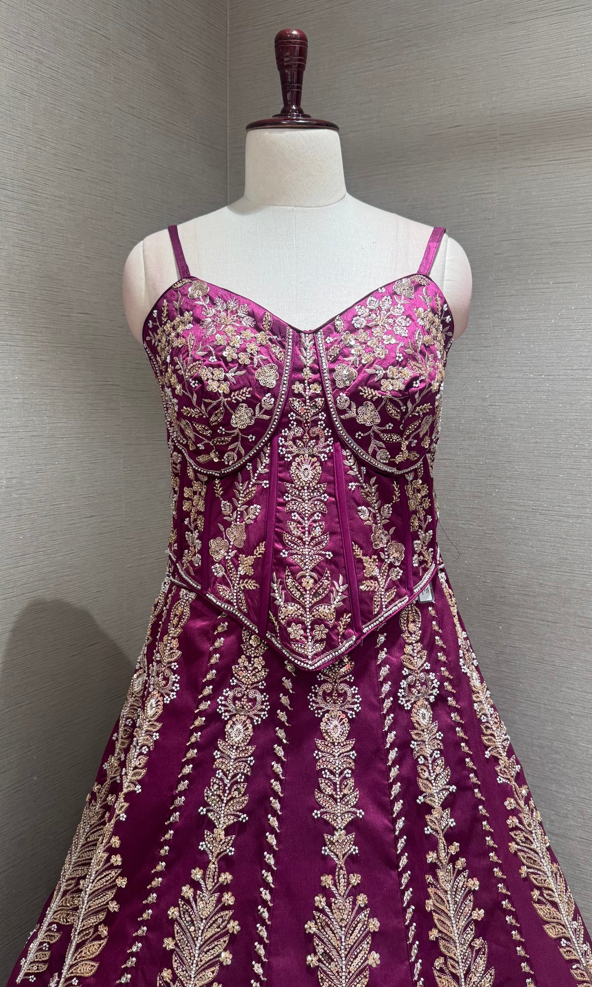 Wine silk embroidered corset blouse lehenga
