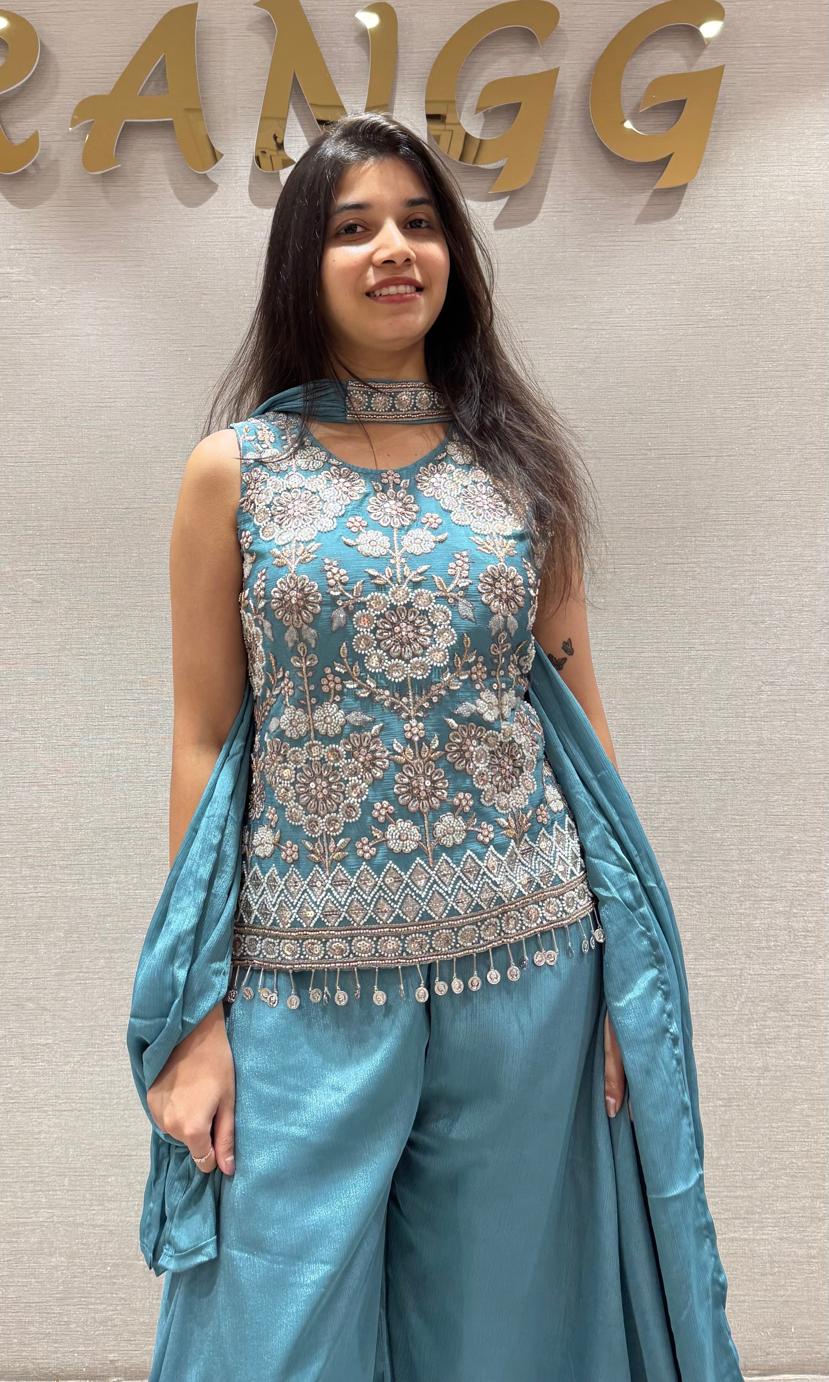 Sea Blue Embroidered Palazzo Set