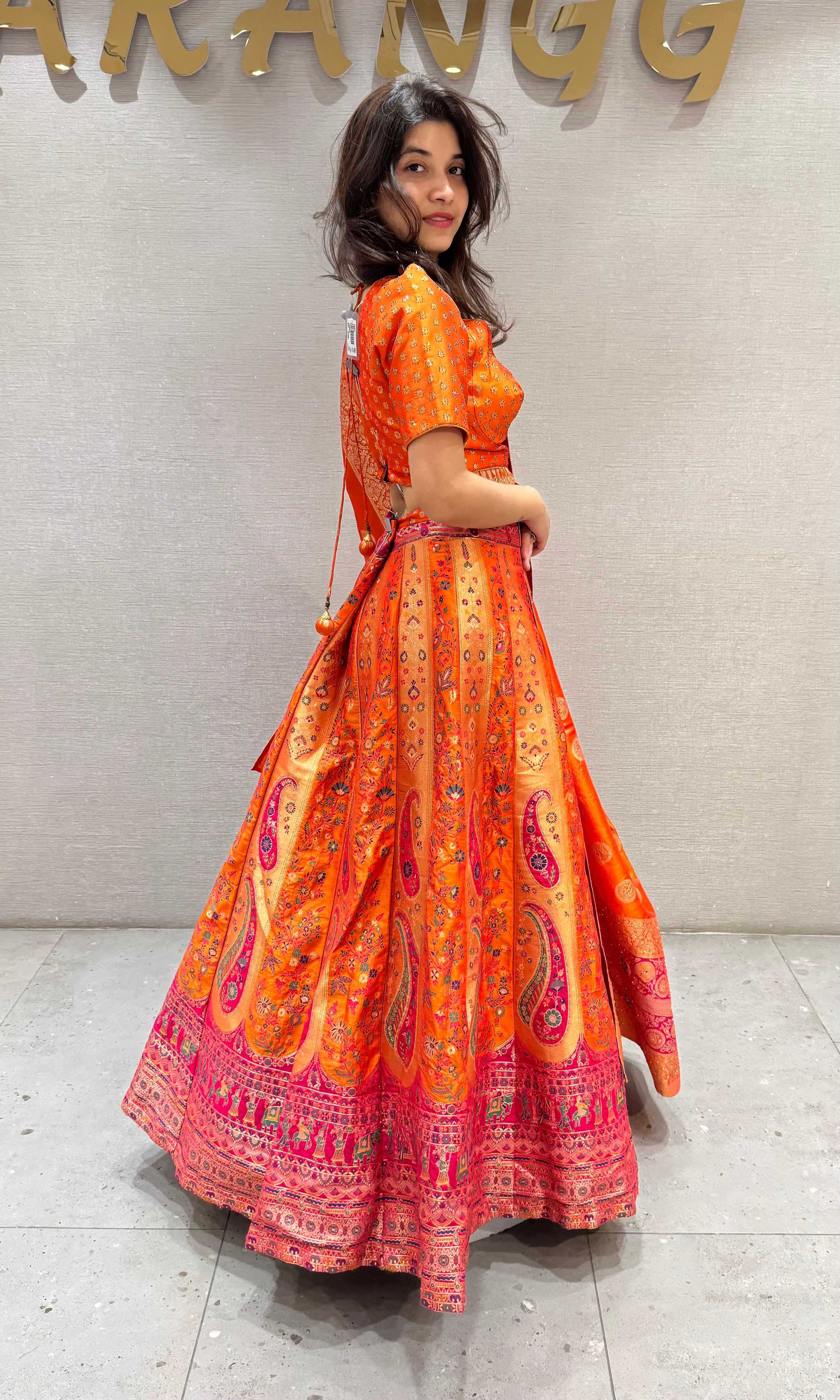 Sunset Orange Banarasi Silk Lehenga