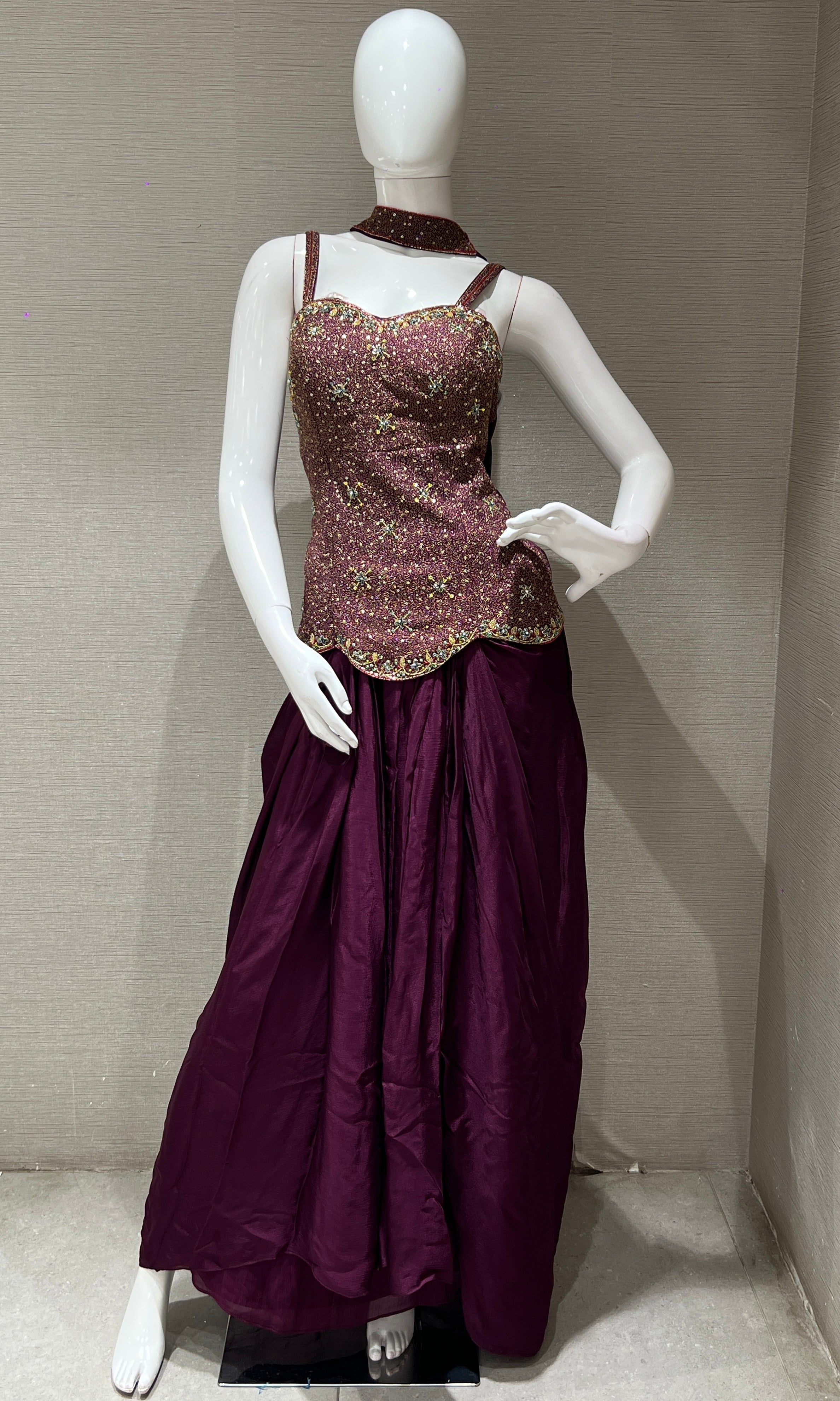 Wine Embroidered corset blouse with draped skirt