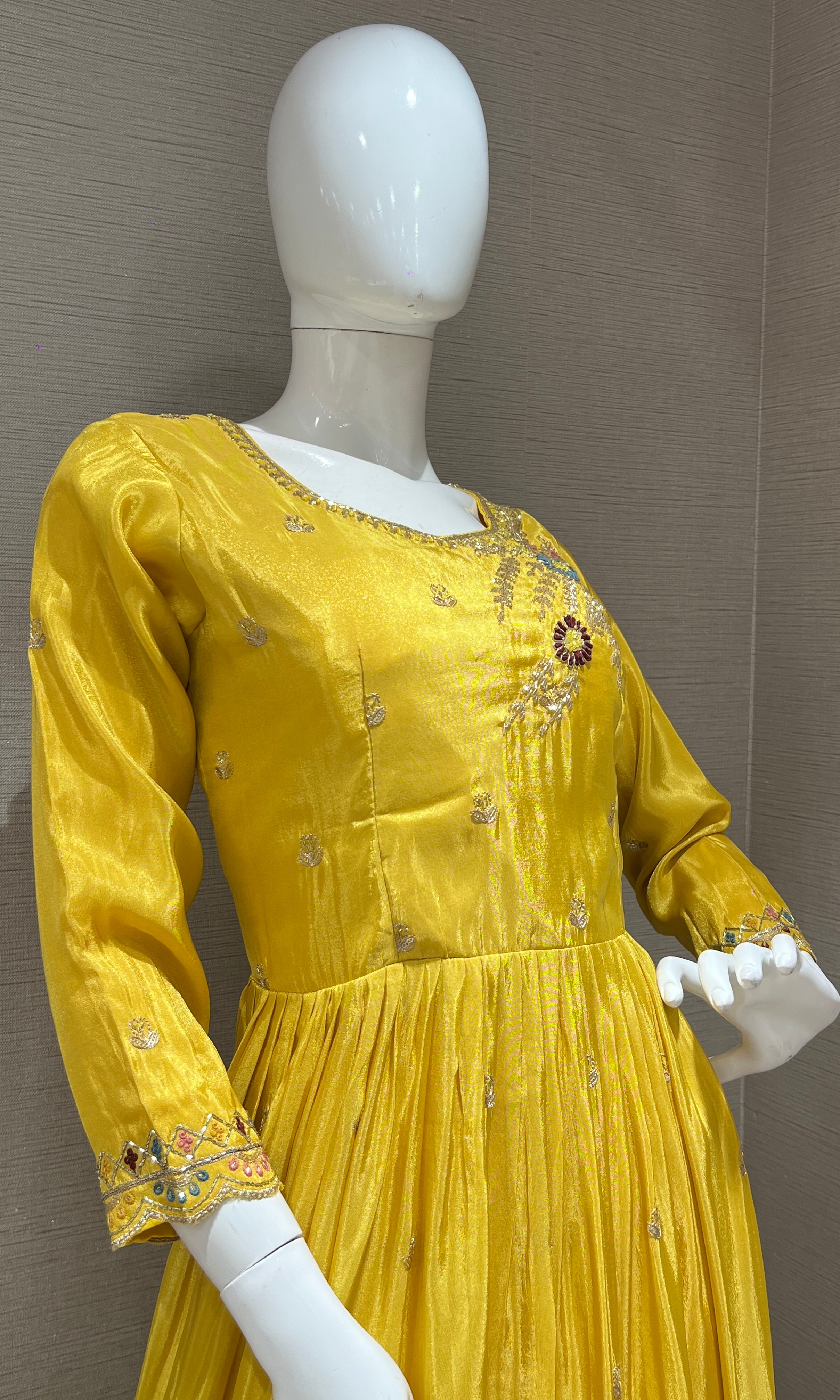 yellow long anarkali with stones embroidered