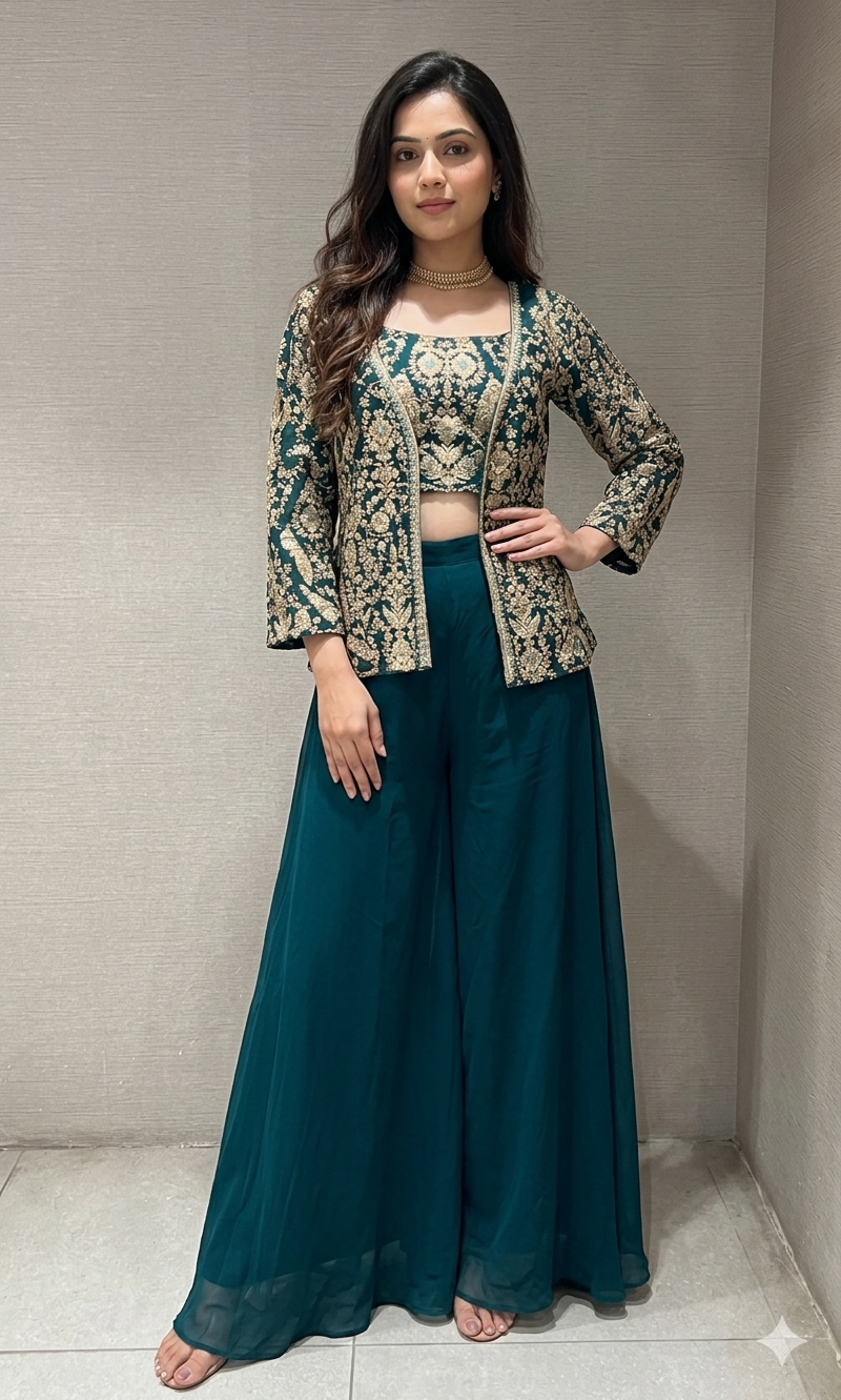 Green EMBROIDERED palazzo SET WITH JACKET