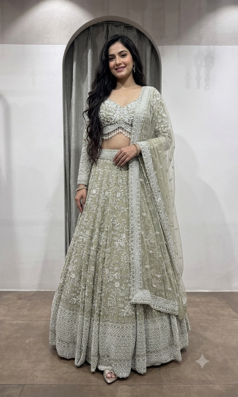 Sage Green Heavily Embroidered Net Bridal Lehenga
