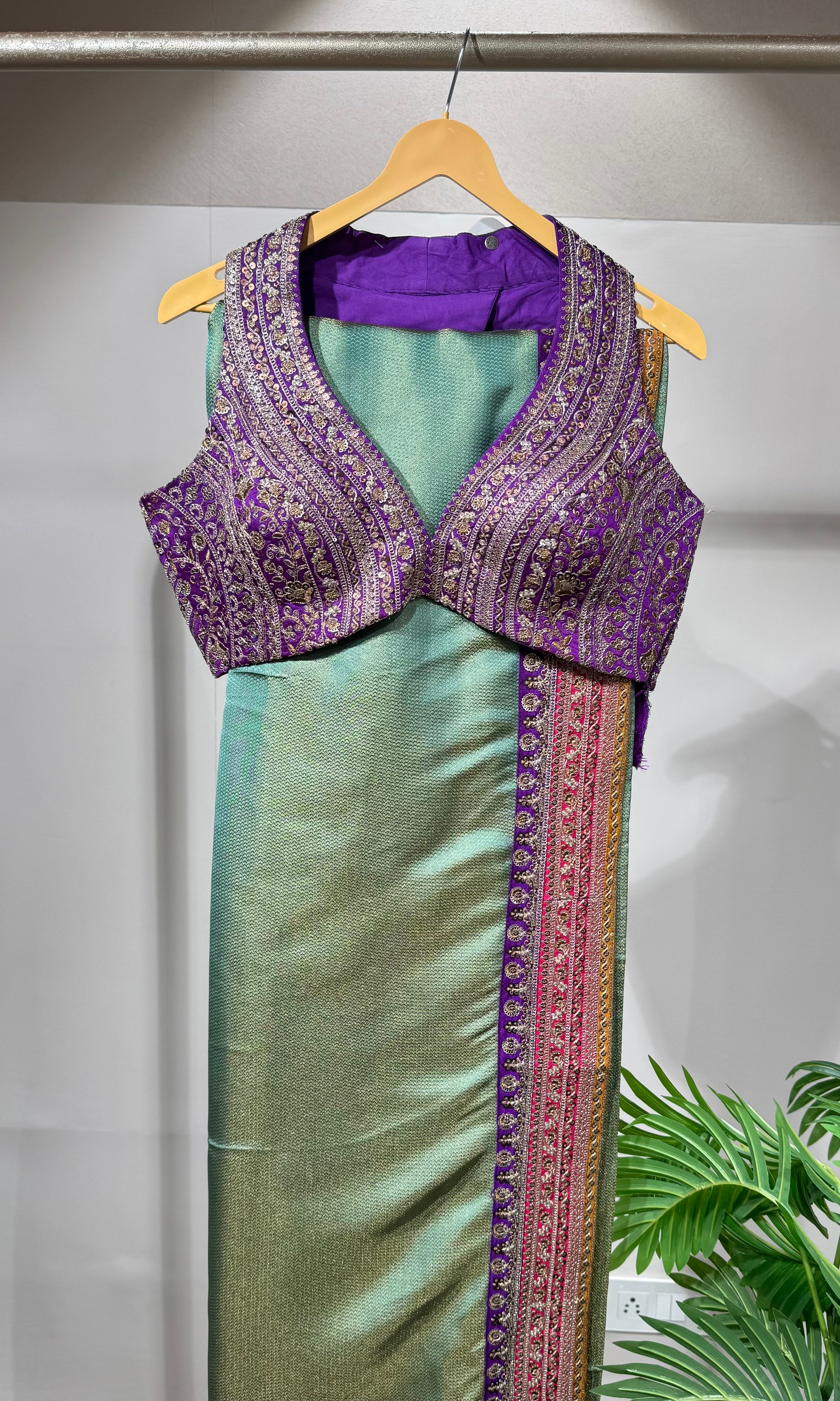 Green saree with embroidered blouse