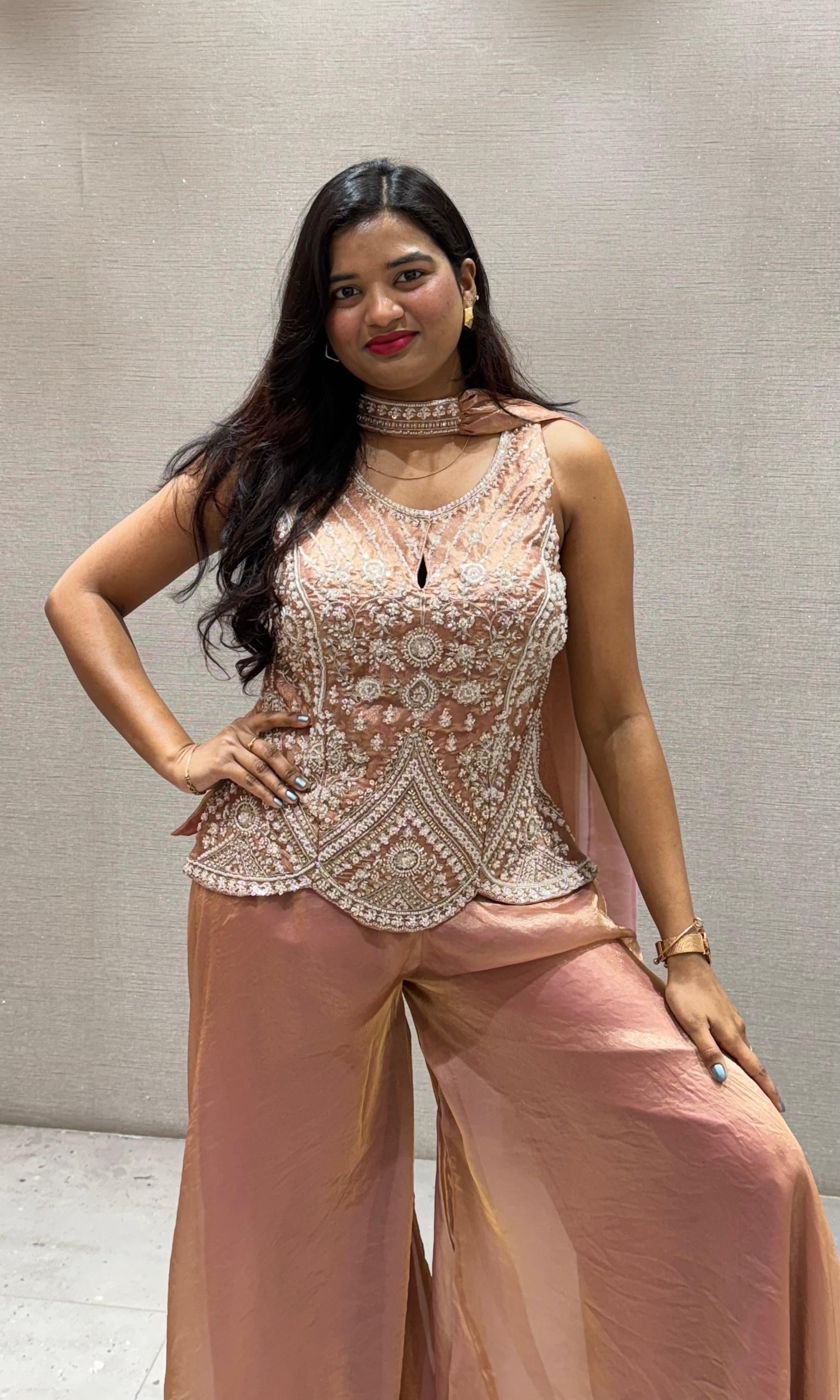 Onion pink EMBROIDERED PEPLUM PALAZZO SET
