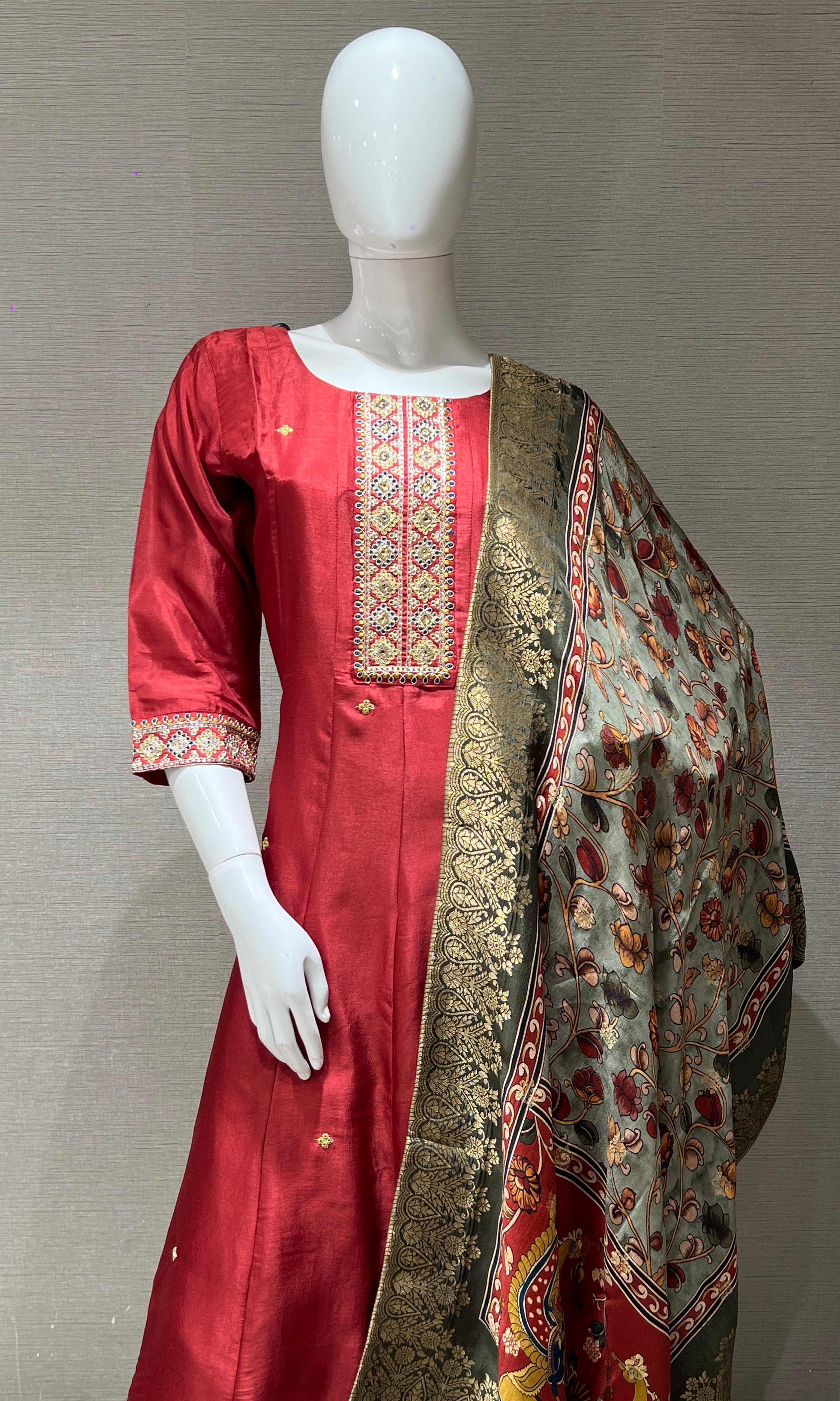 Brown Anarkali set with printed dupatta