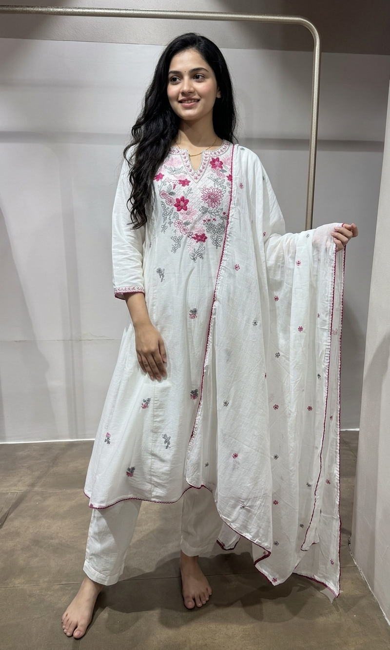 White Floral Thread Embroidered kurta set