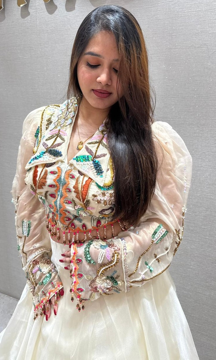 Pearl white cream gold lehenga designer blouse