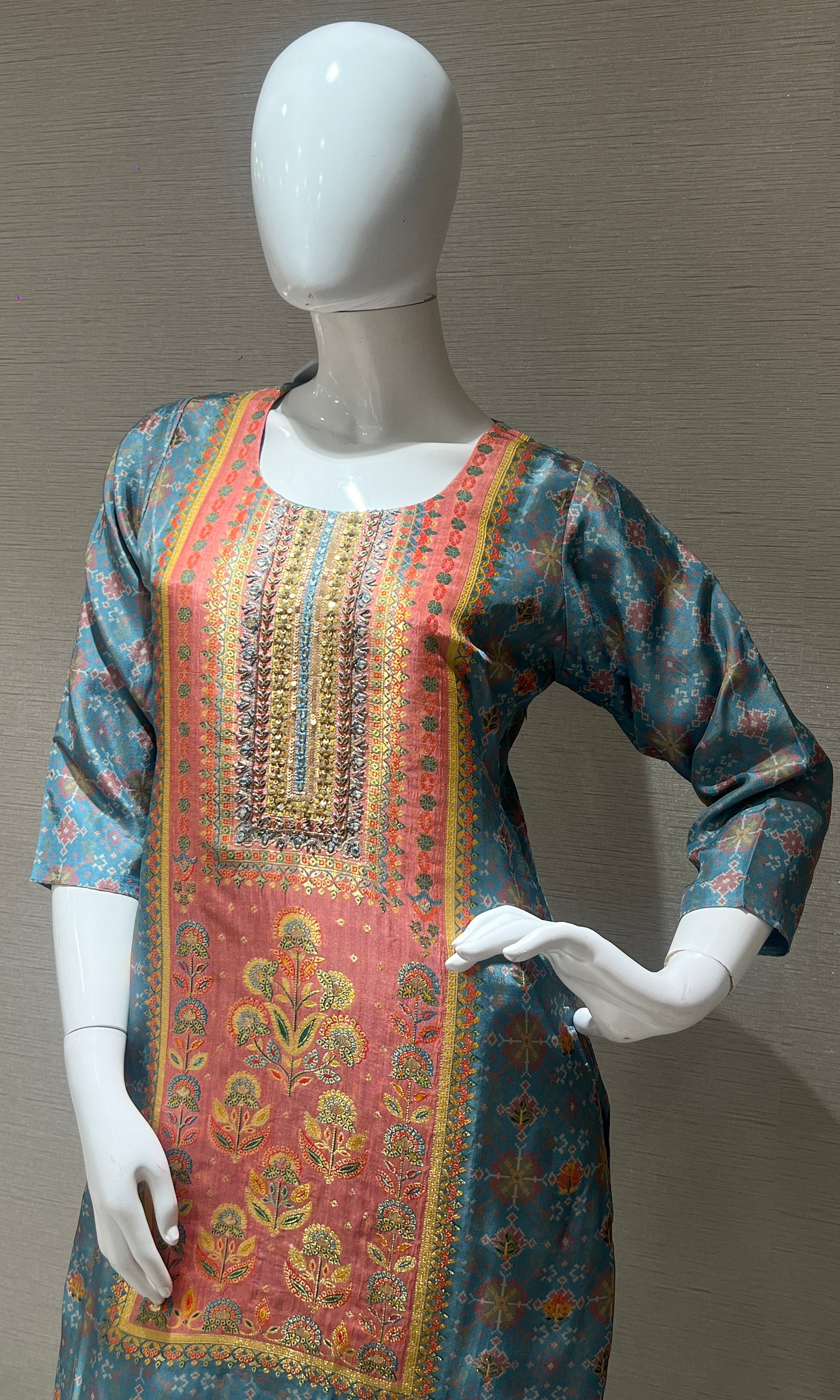 Blue and Orange Printed Kurta Set with Dupatta