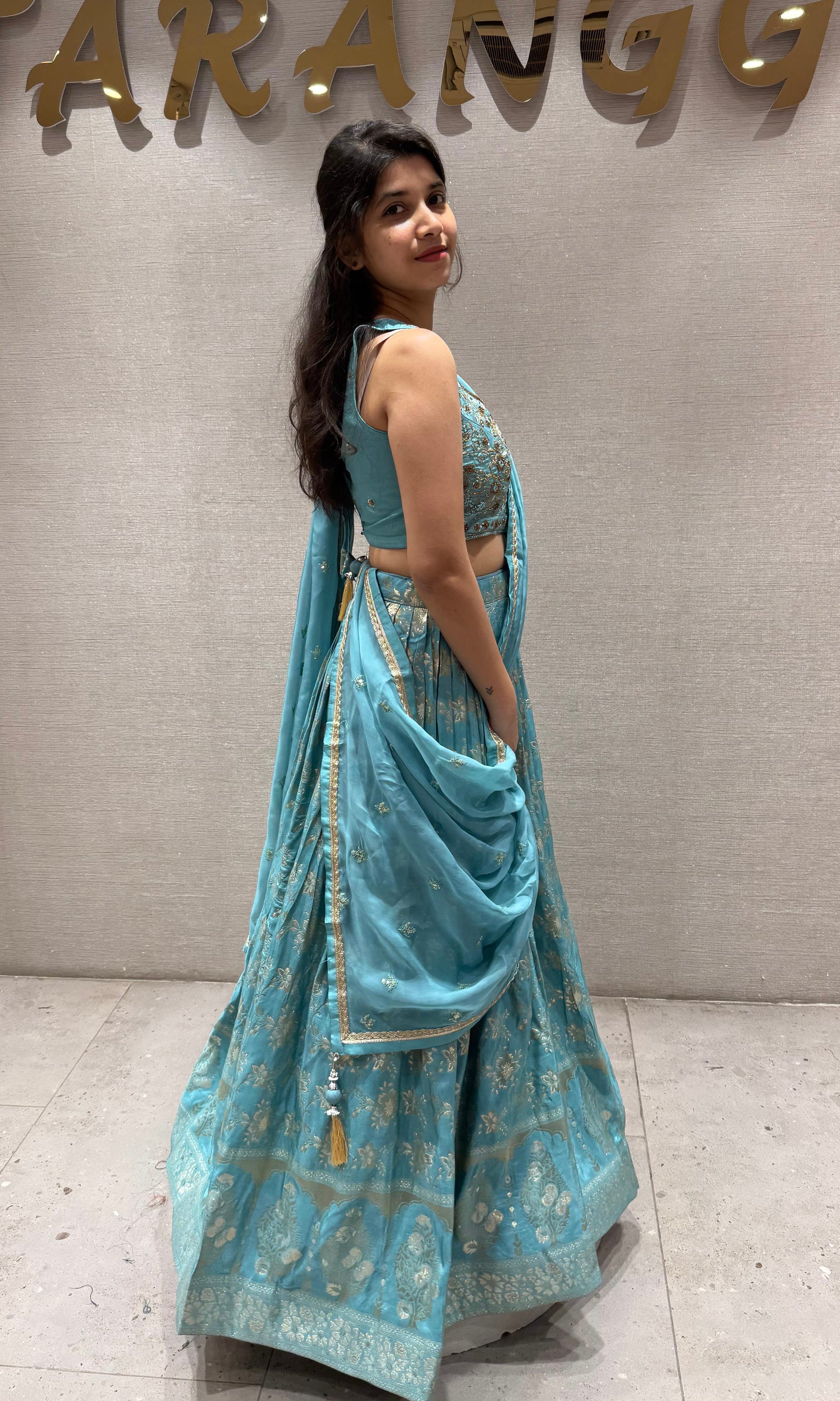 Blue Lehenga with Gold Zari detailing
