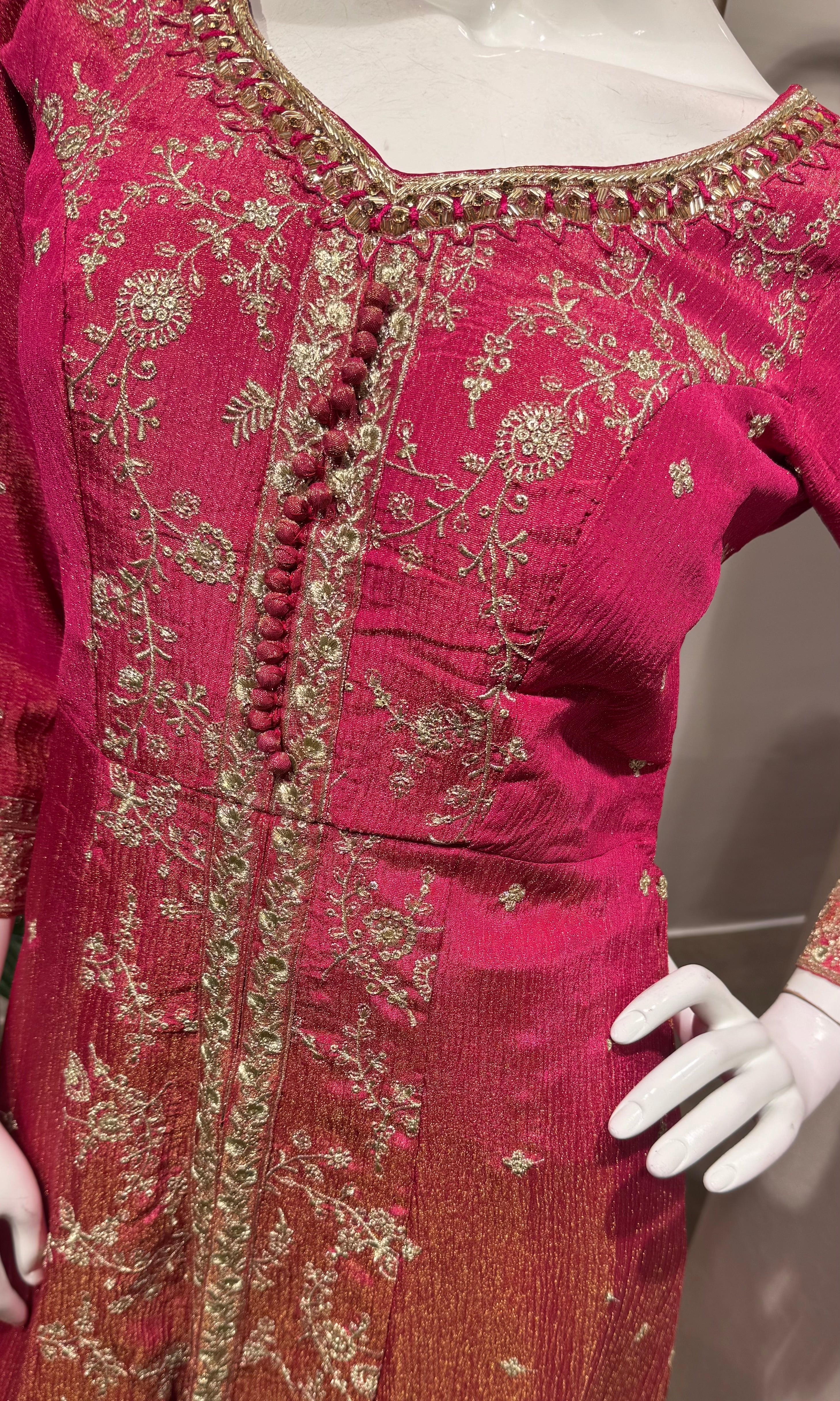 Pink Gold Embroidery Front-Slit Anarkali Set