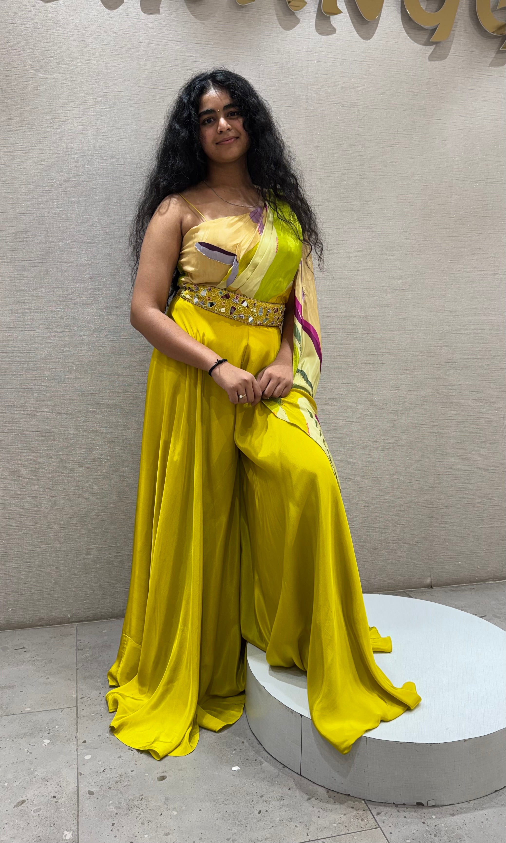 Lemon Green Draped Gown with Belt