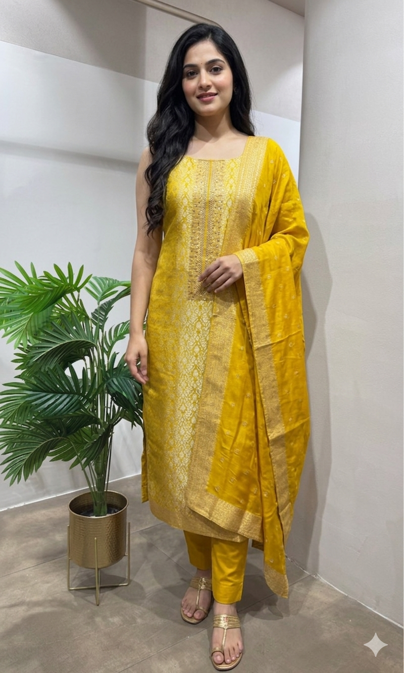 Yellow Georgette Banarasi DRESS MATERIAL