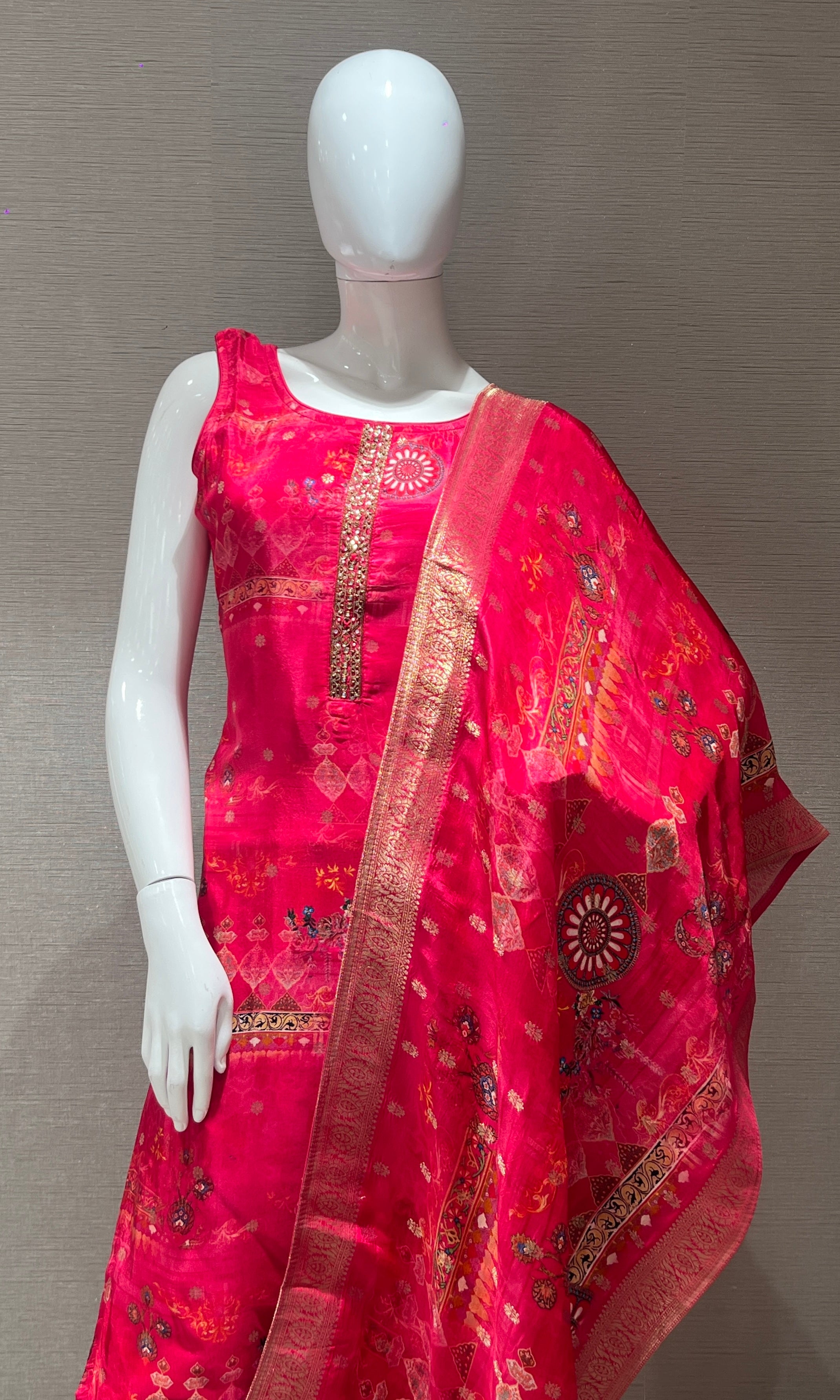 pink kurta set with a printed dupatta