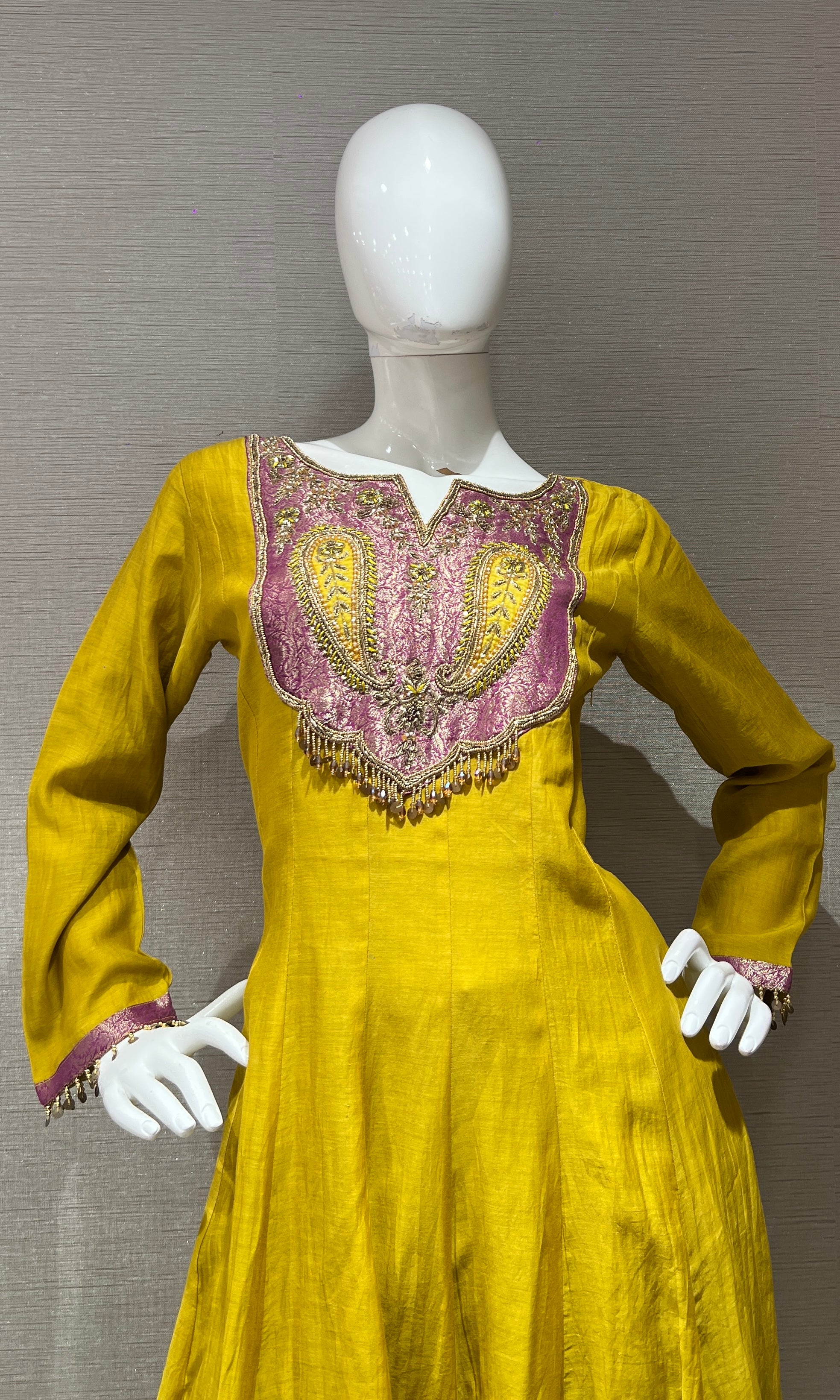 Mustard Anarkali Set with Magenta Dupatta