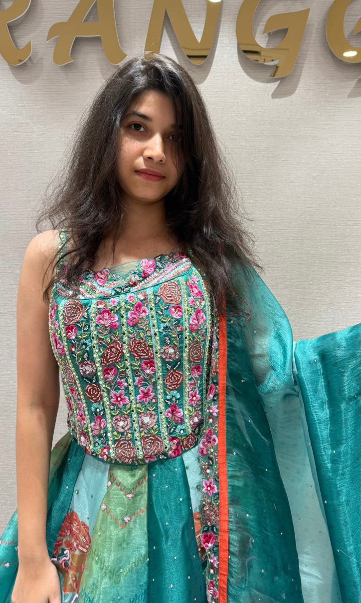 Teal BLUE Bloom Organza Lehenga