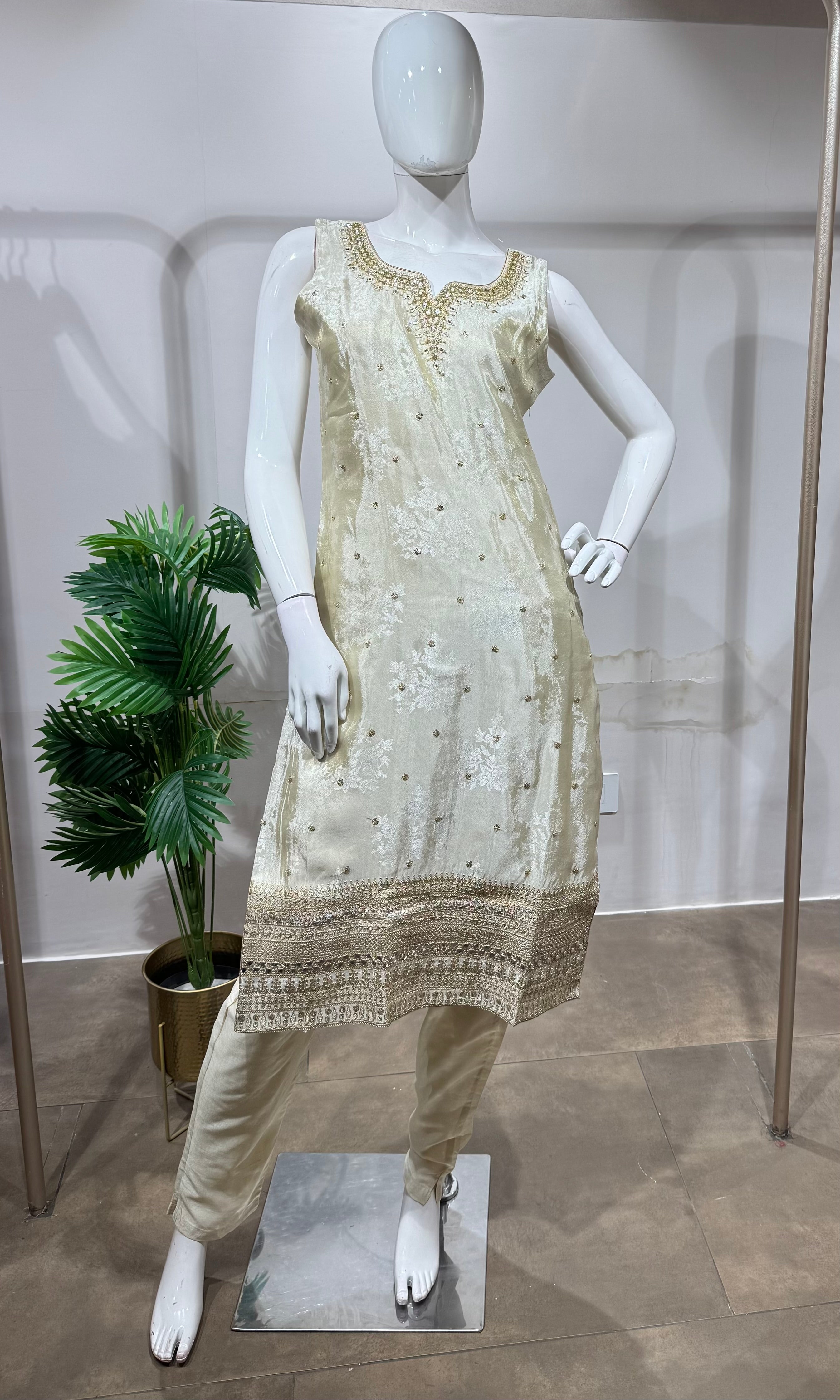 Cream & Gold Floral Embroidered Kurta with Dupatta