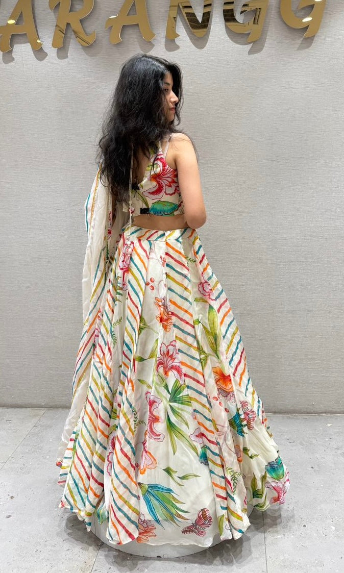 CREAM Rainbow Stripe Floral Lehenga
