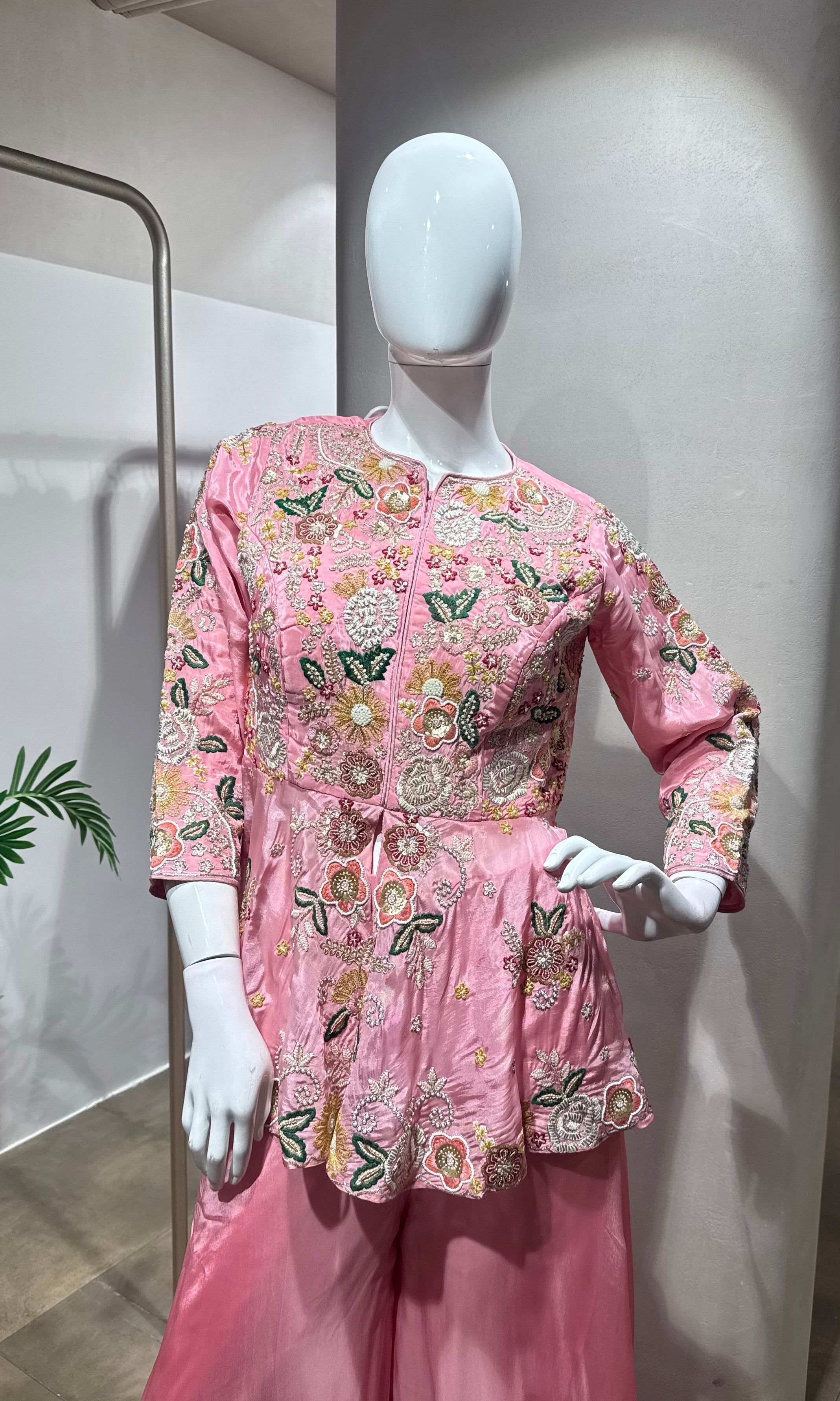 Rose Pink Floral Embroidered Palazzo Set