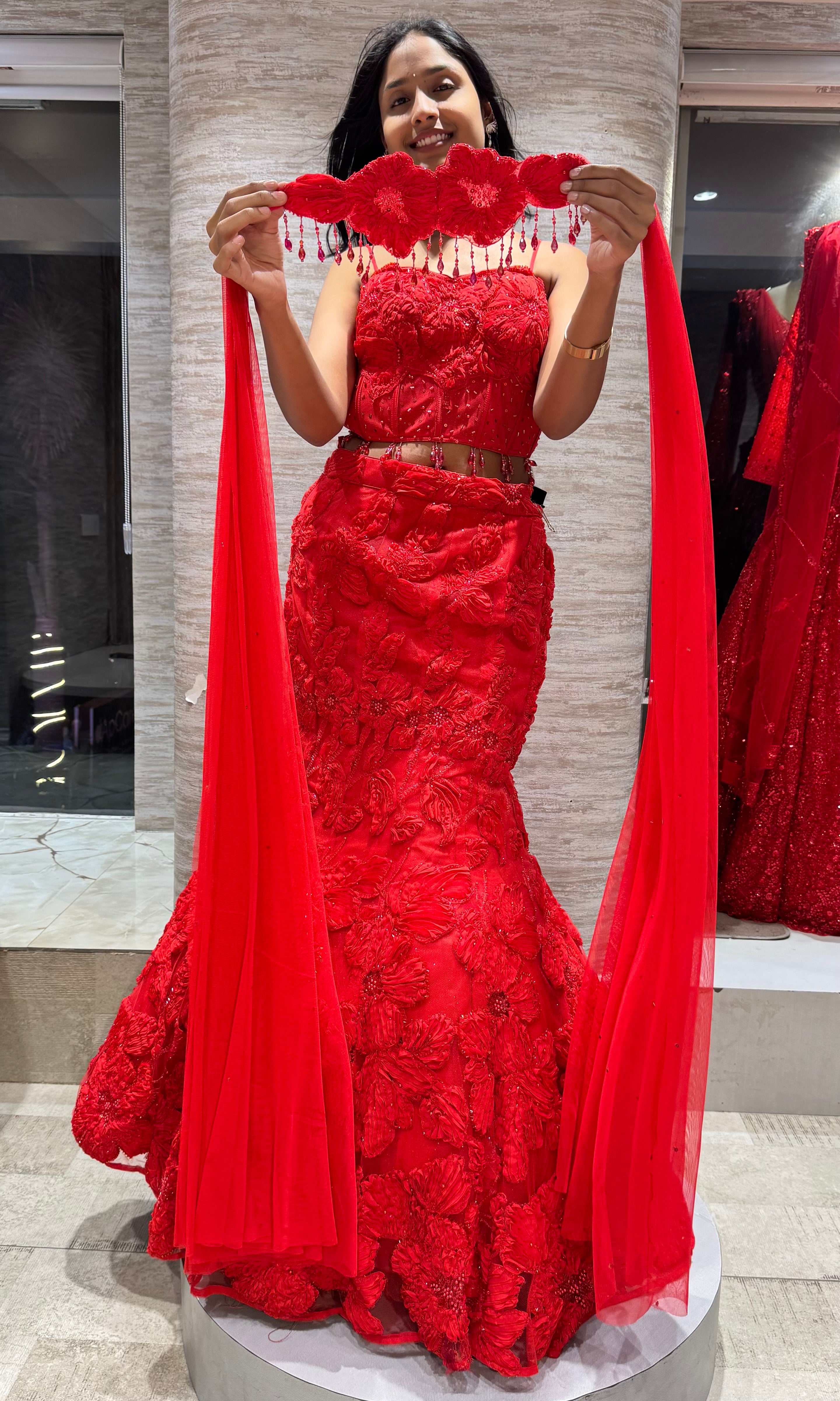 Crimson Floral Fish-Cut Lehenga