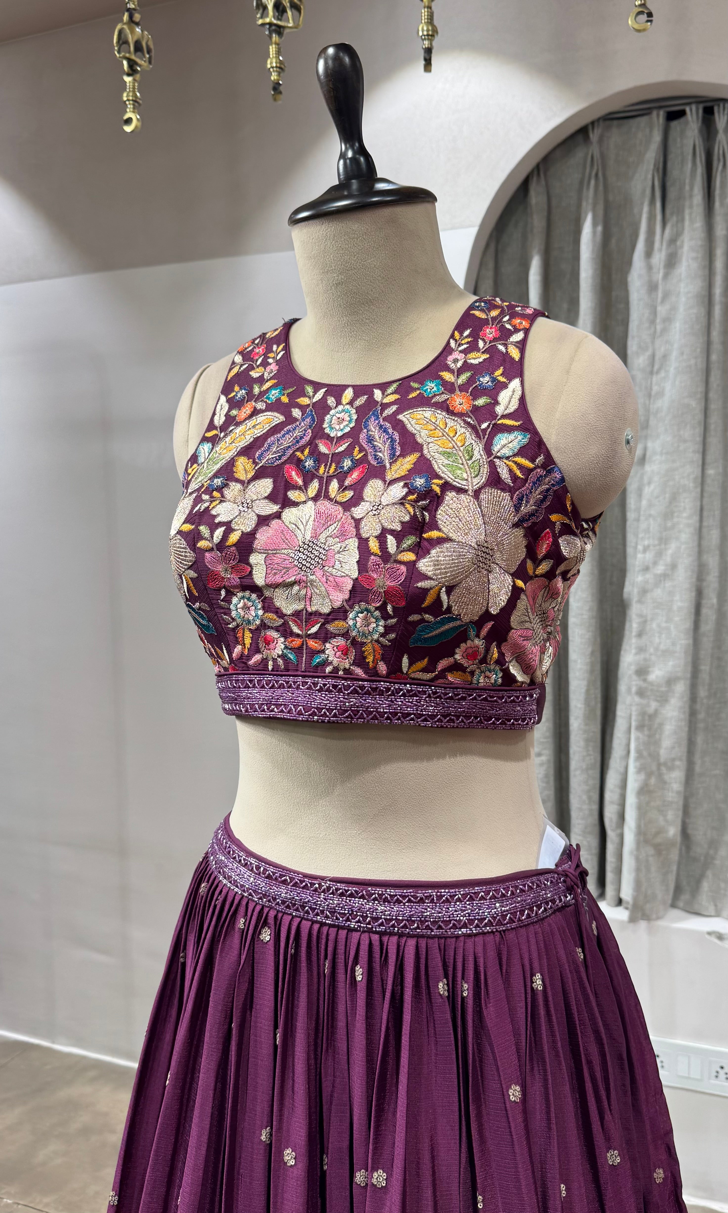 WINE FLORAL EMBROIDERED LEHENGA SET