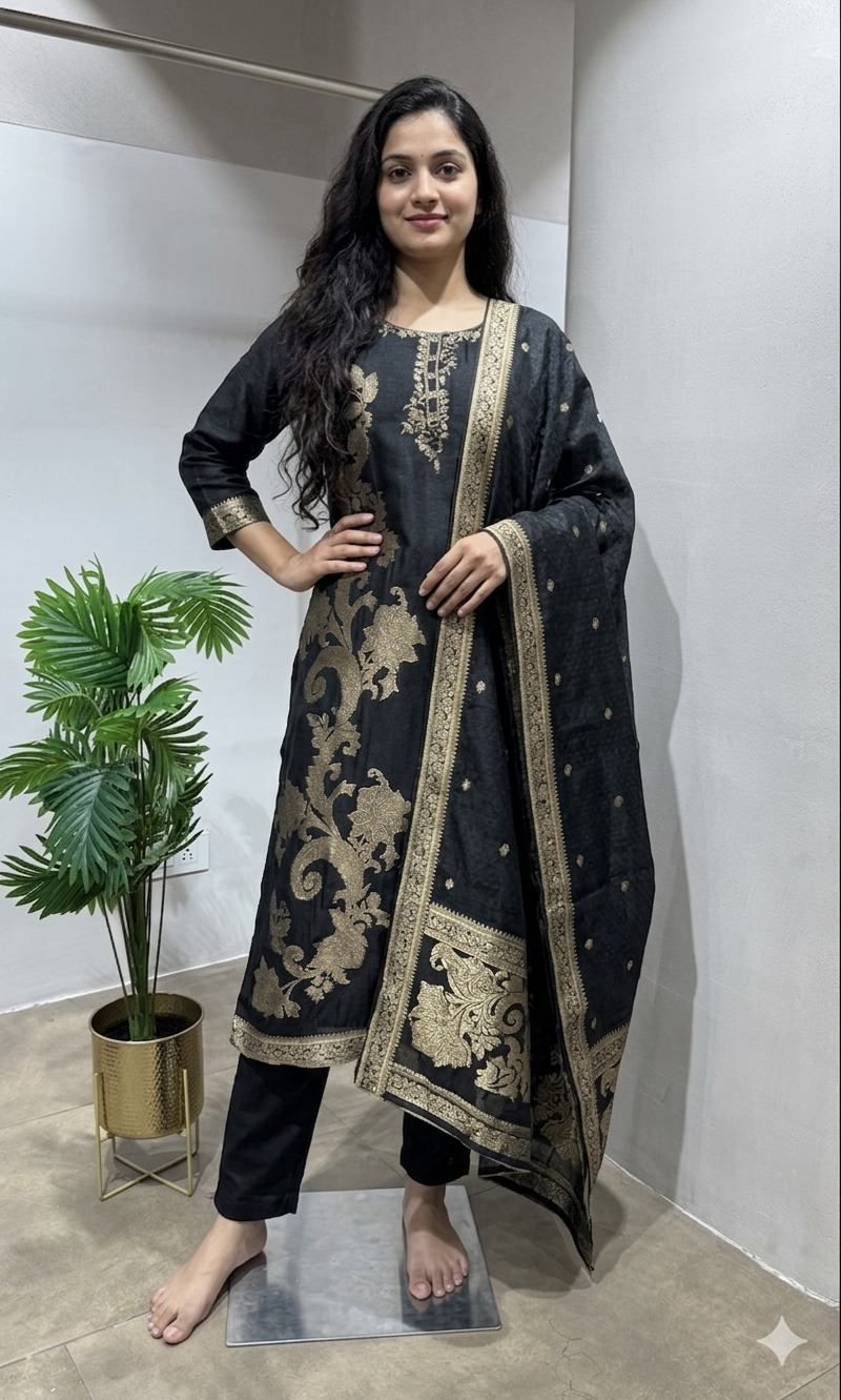 Black Silk Embroidered Straight Cut KURTA SET