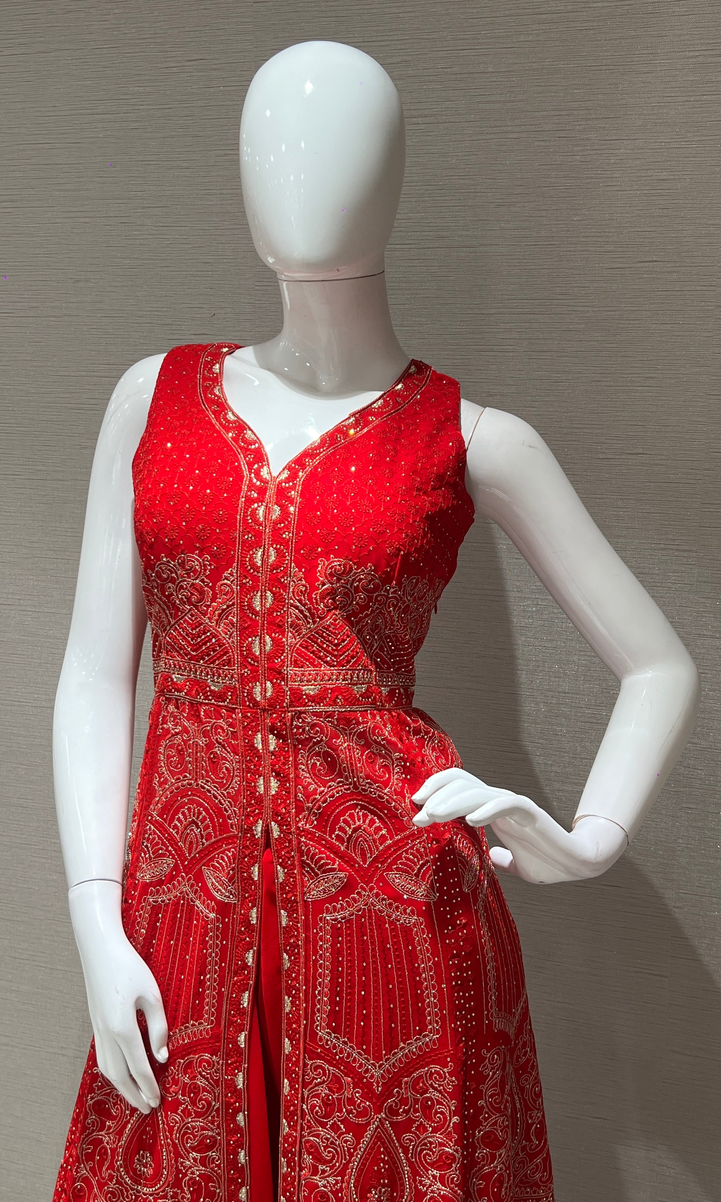 Red front slit Anarkali with palazzo pants