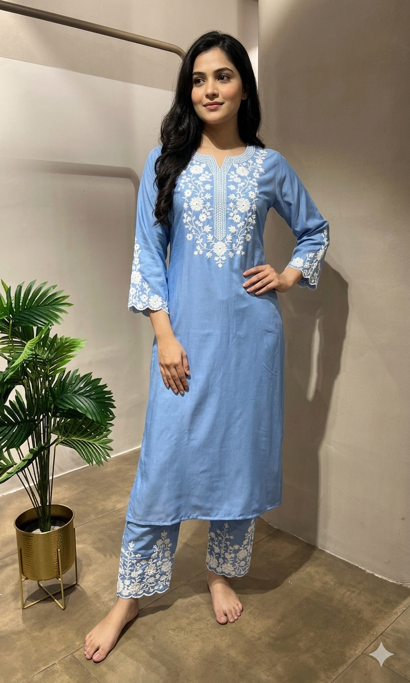 BLUE lucknowi chikankari kurta ser