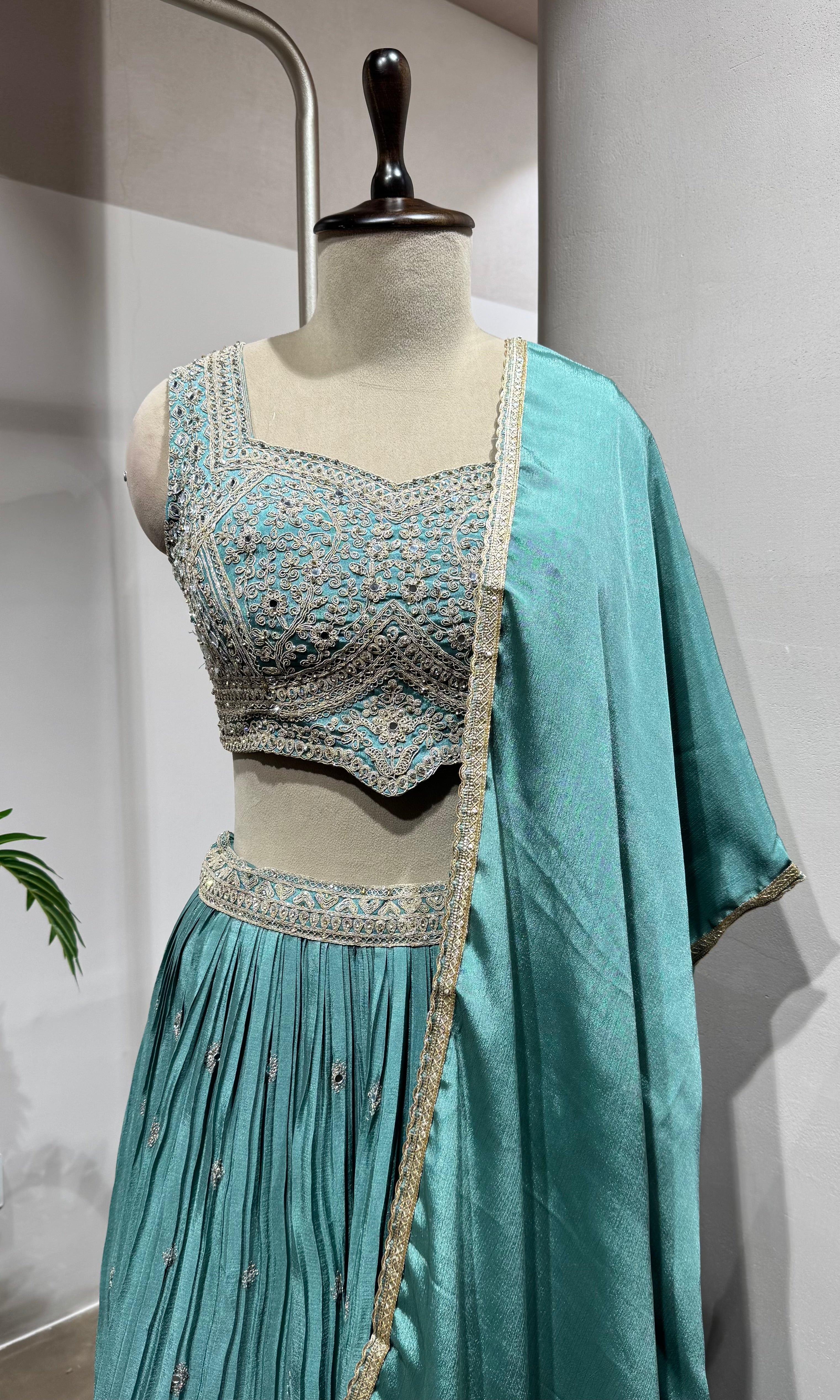 Light Green Embroidered Crop Top Lehenga