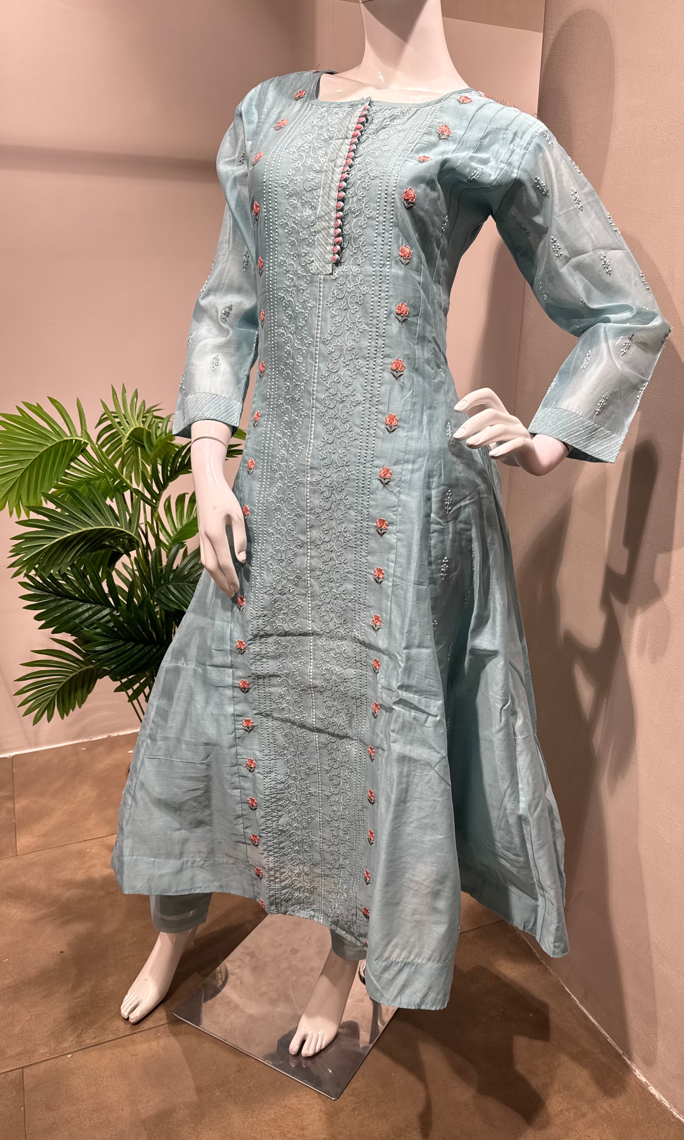 BLUE Floral Cotton Kurta set with dupatta